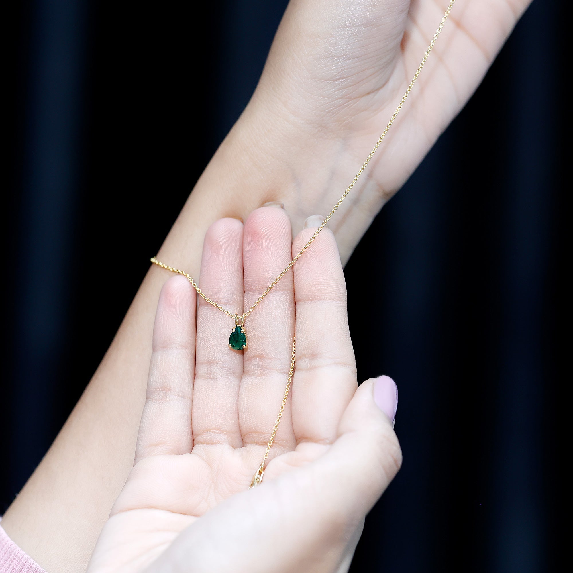 Lab Created Emerald Necklace – 0.7 Carat Pear Shaped Teardrop Pendant With Prong Setting