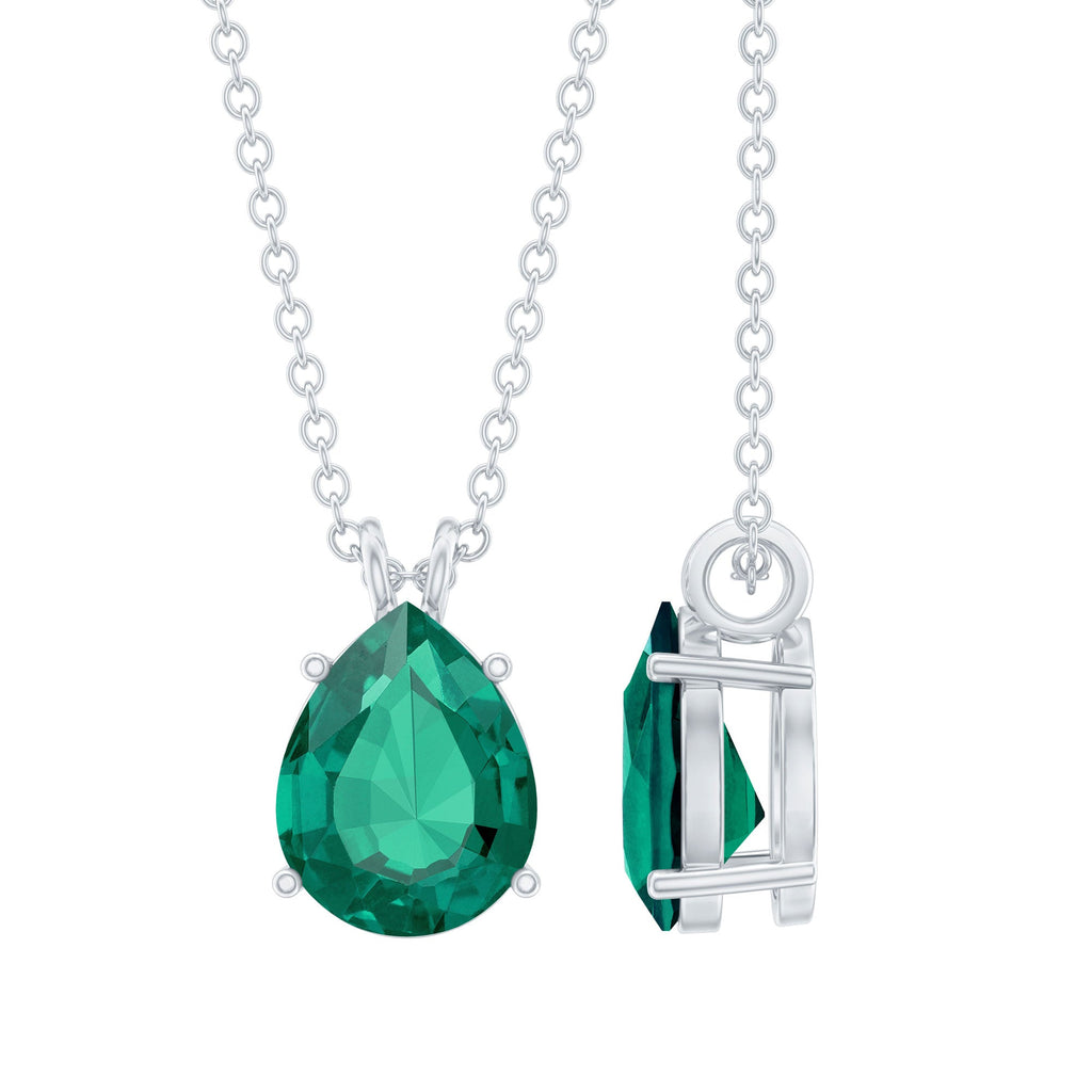 Lab Grown Emerald Necklace - Pear Cut Solitaire Pendant With Chain AAAA Quality