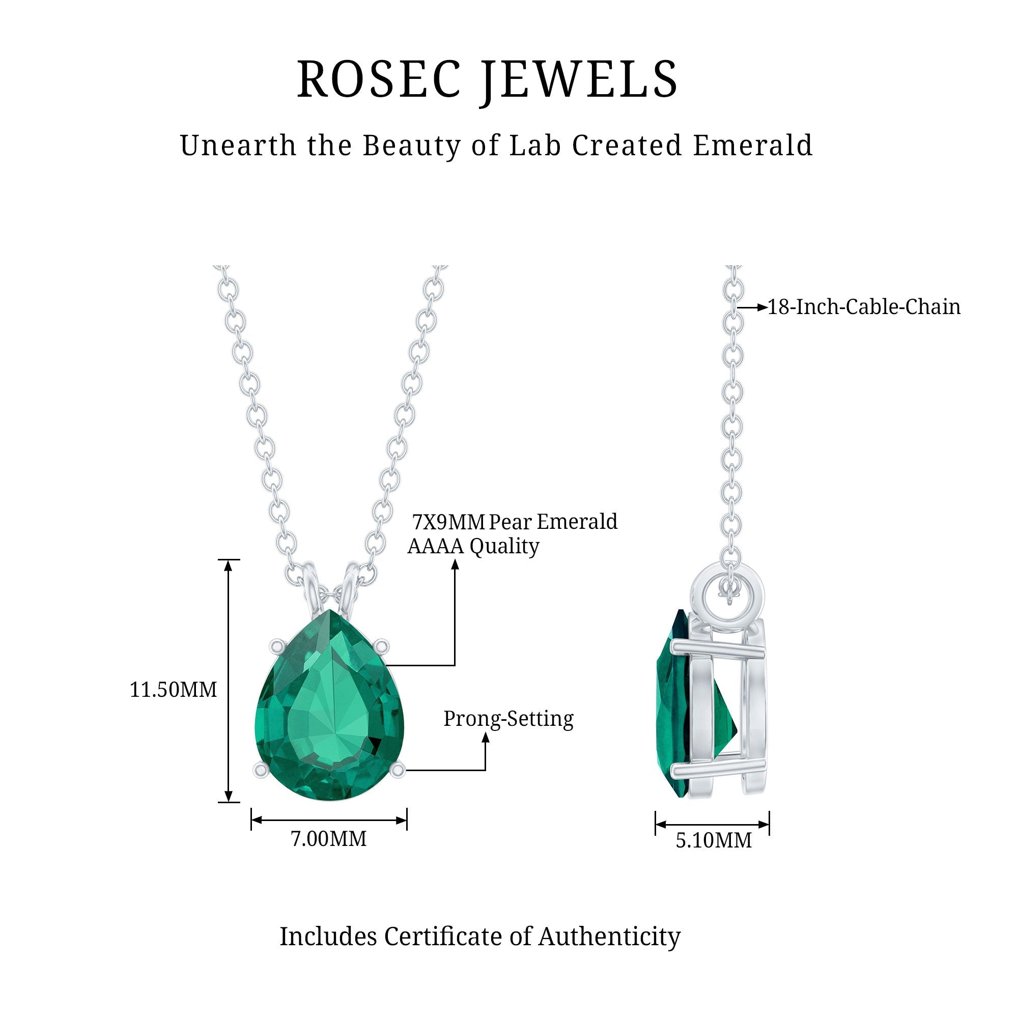 Lab Grown Emerald Necklace - Pear Cut Solitaire Pendant With Chain AAAA Quality