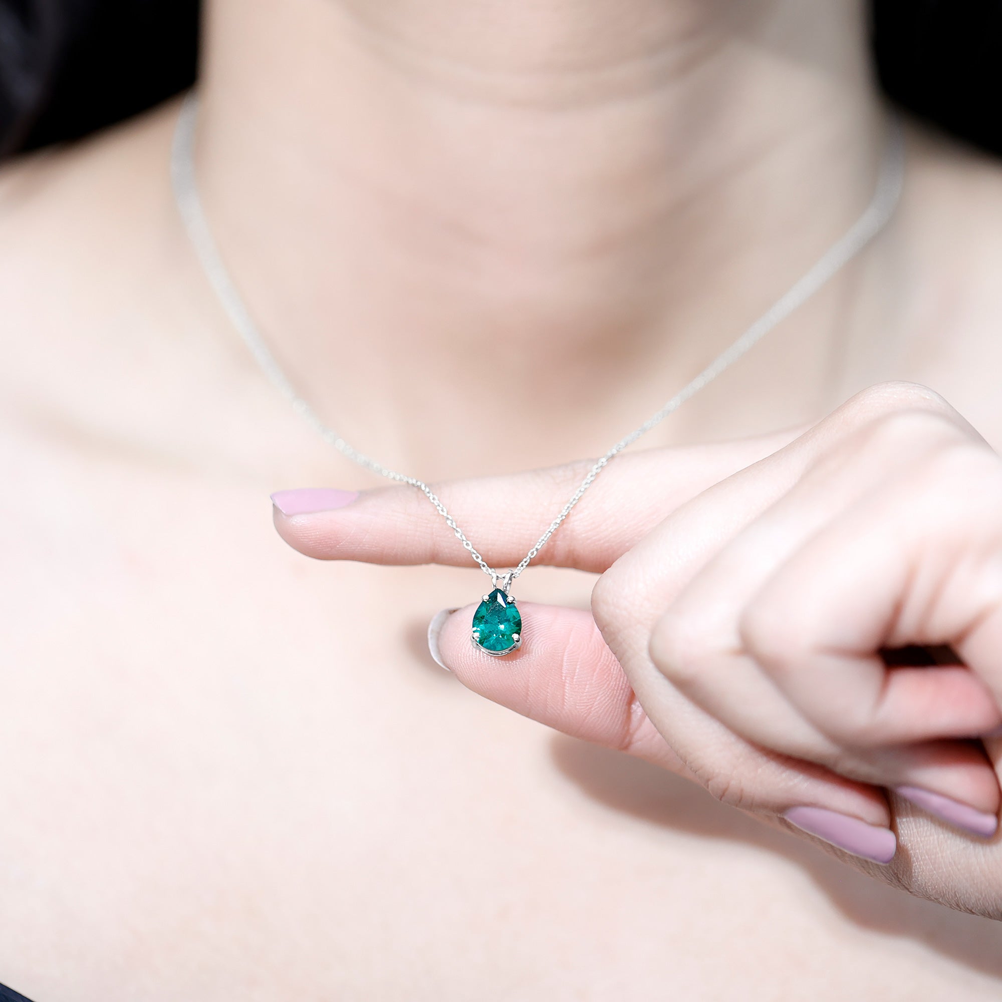Lab Grown Emerald Necklace - Pear Cut Solitaire Pendant With Chain AAAA Quality