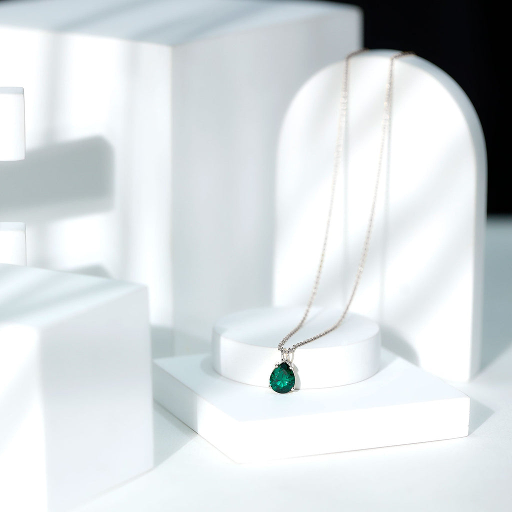 Lab Grown Emerald Necklace - Pear Cut Solitaire Pendant With Chain AAAA Quality