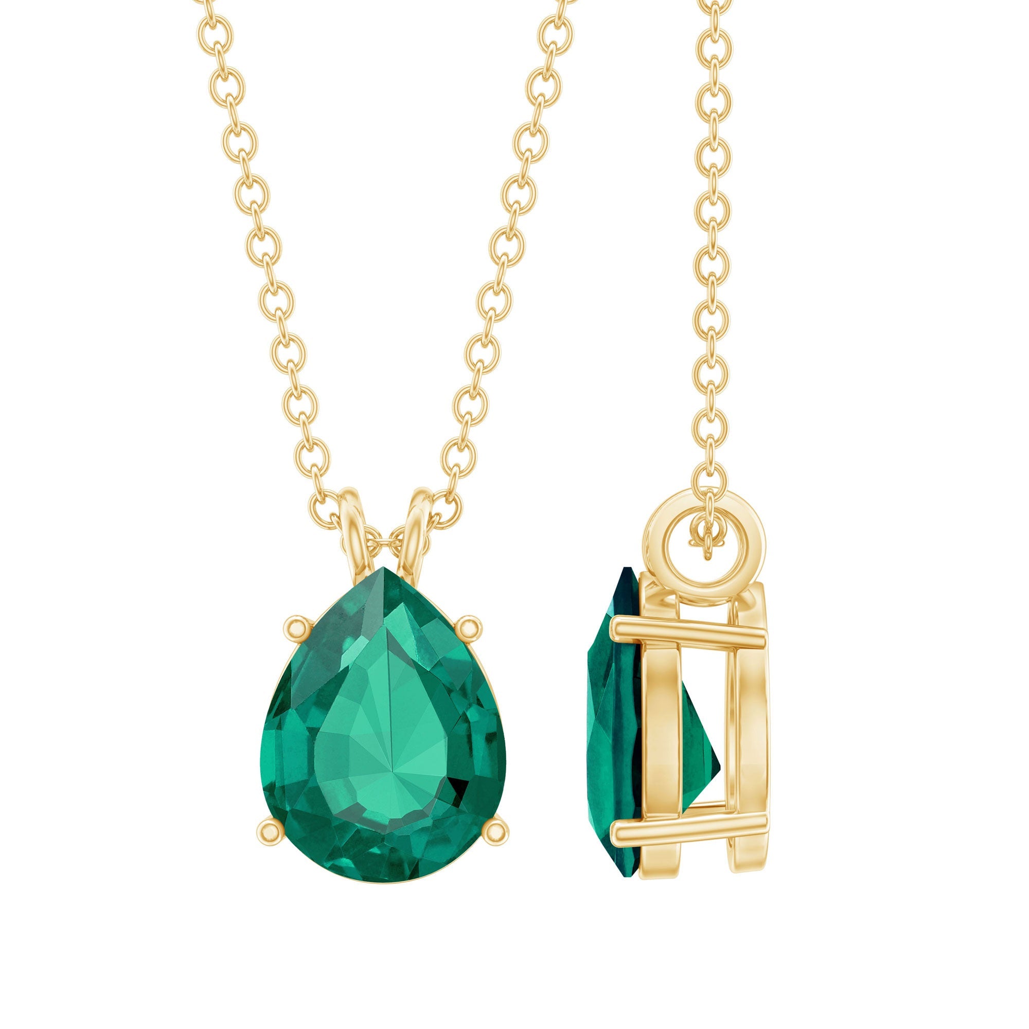 Lab Grown Emerald Necklace - Pear Cut Solitaire Pendant With Chain AAAA Quality