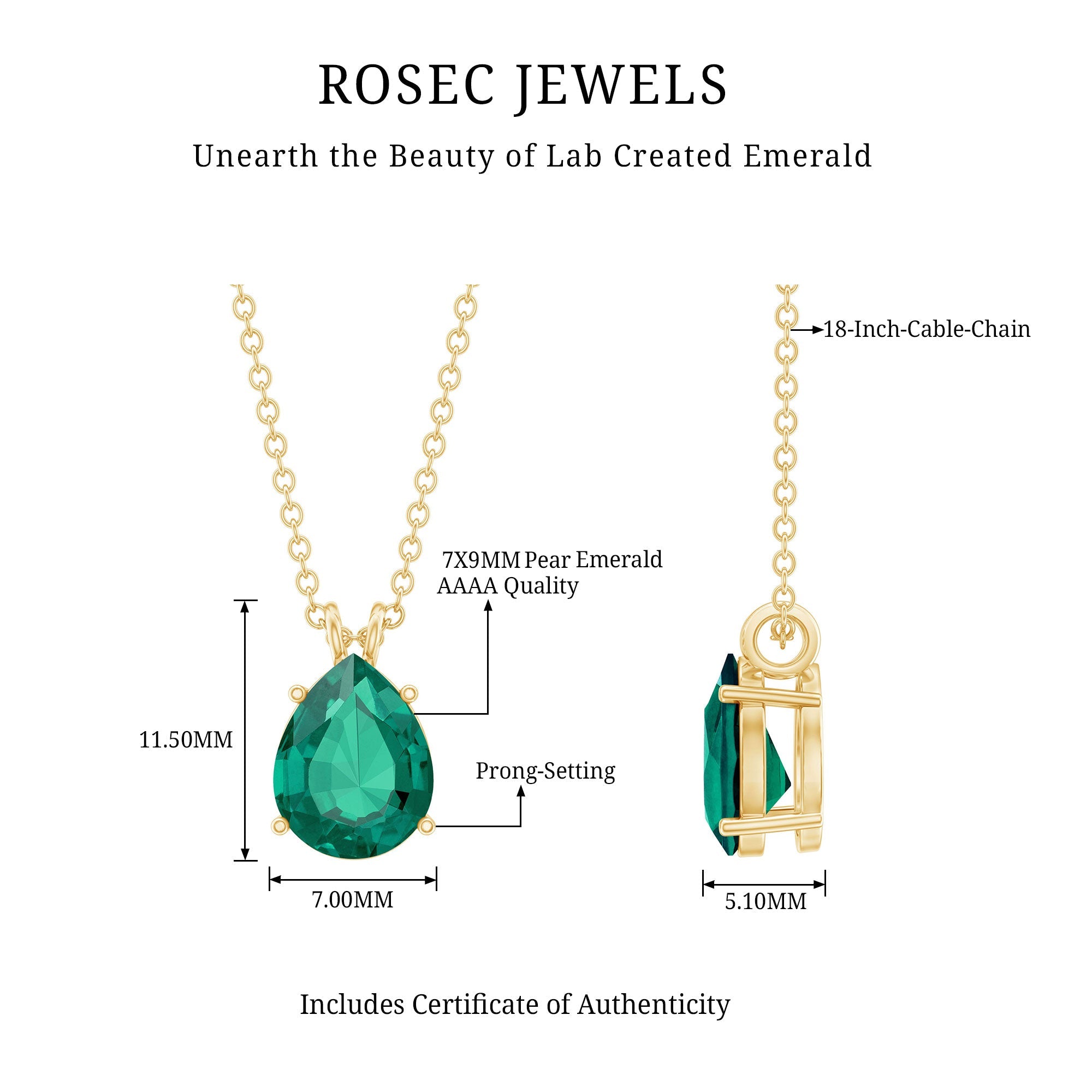Lab Grown Emerald Necklace - Pear Cut Solitaire Pendant With Chain AAAA Quality