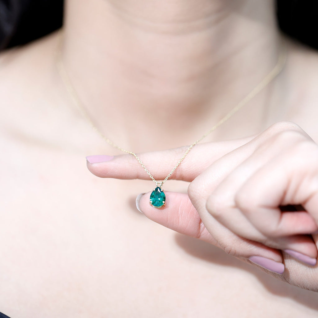 Lab Grown Emerald Necklace - Pear Cut Solitaire Pendant With Chain AAAA Quality