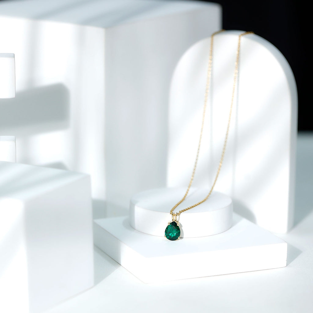 Lab Grown Emerald Necklace - Pear Cut Solitaire Pendant With Chain AAAA Quality