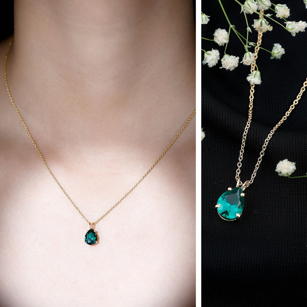 Lab Grown Emerald Necklace - Pear Cut Solitaire Pendant With Chain AAAA Quality