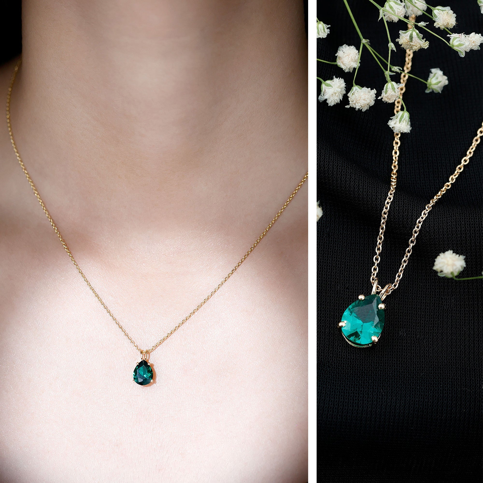 Lab Grown Emerald Necklace - Pear Cut Solitaire Pendant With Chain AAAA Quality