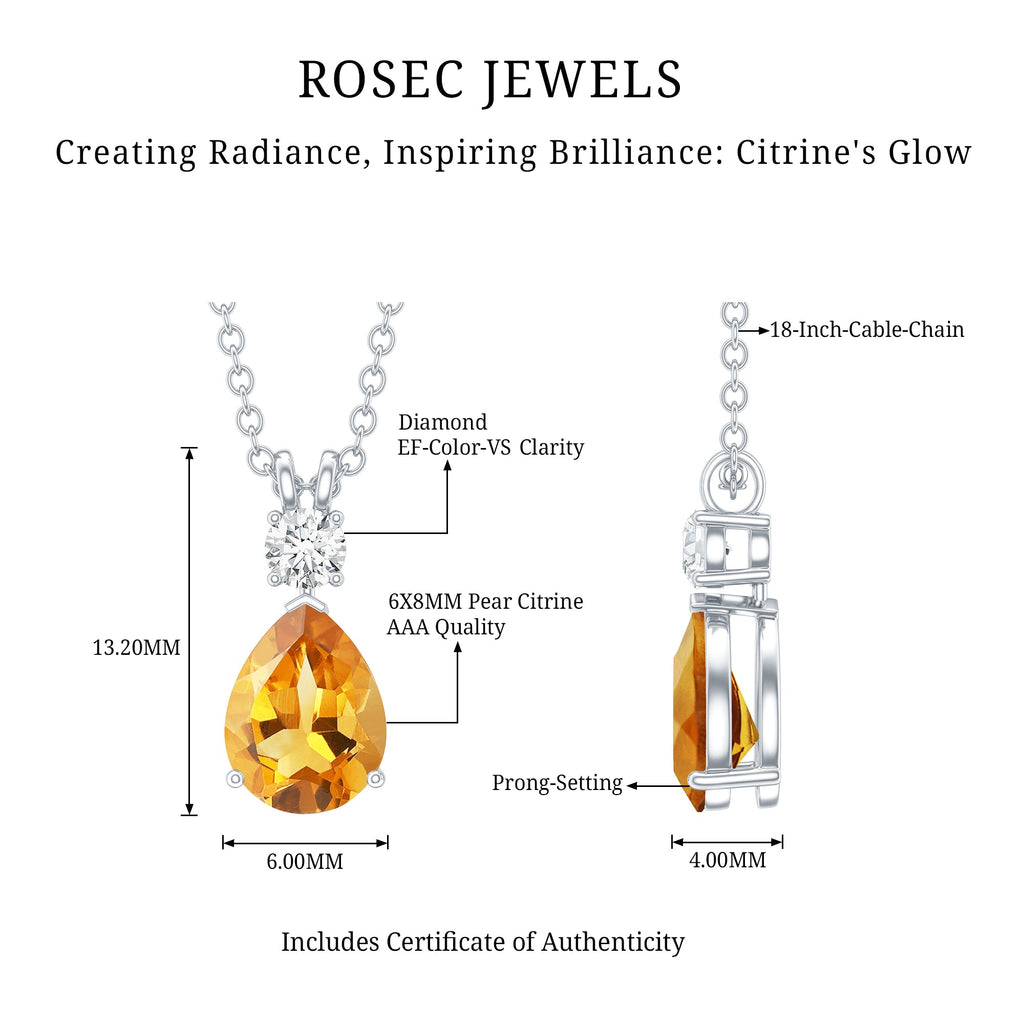 Citrine Teardrop Necklace – 1 Carat Pendant with Lab Grown Diamond & Prong Setting