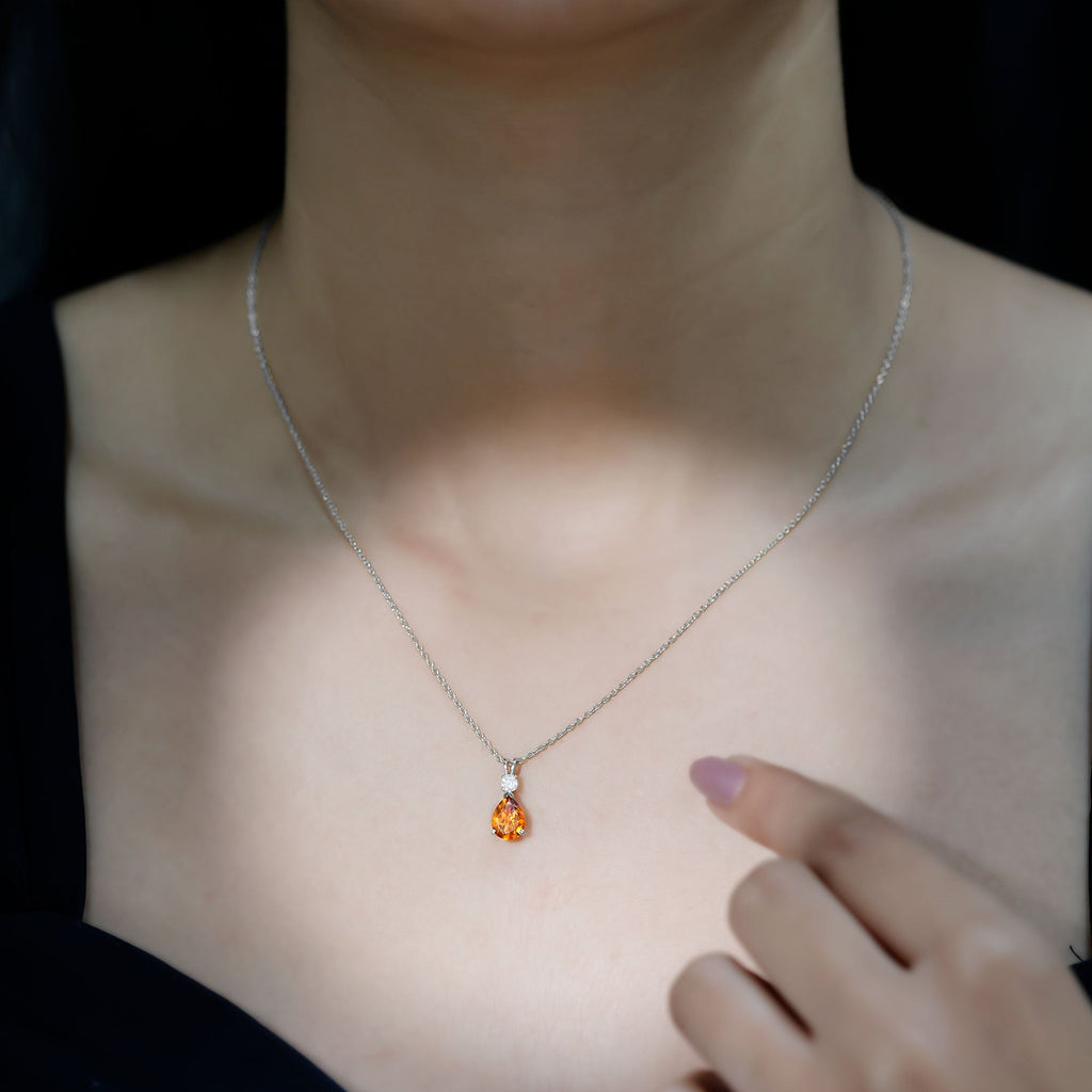 Citrine Teardrop Necklace – 1 Carat Pendant with Lab Grown Diamond & Prong Setting