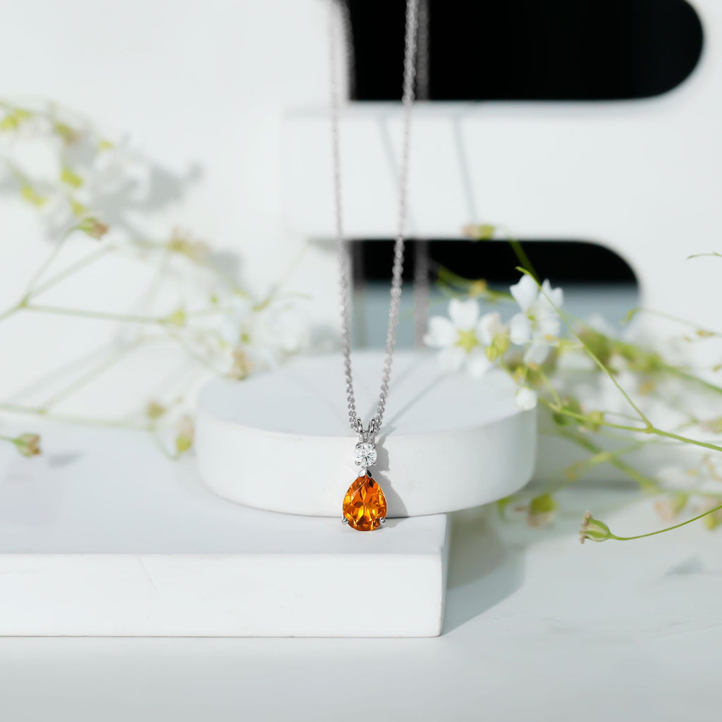 Citrine Teardrop Necklace – 1 Carat Pendant with Lab Grown Diamond & Prong Setting