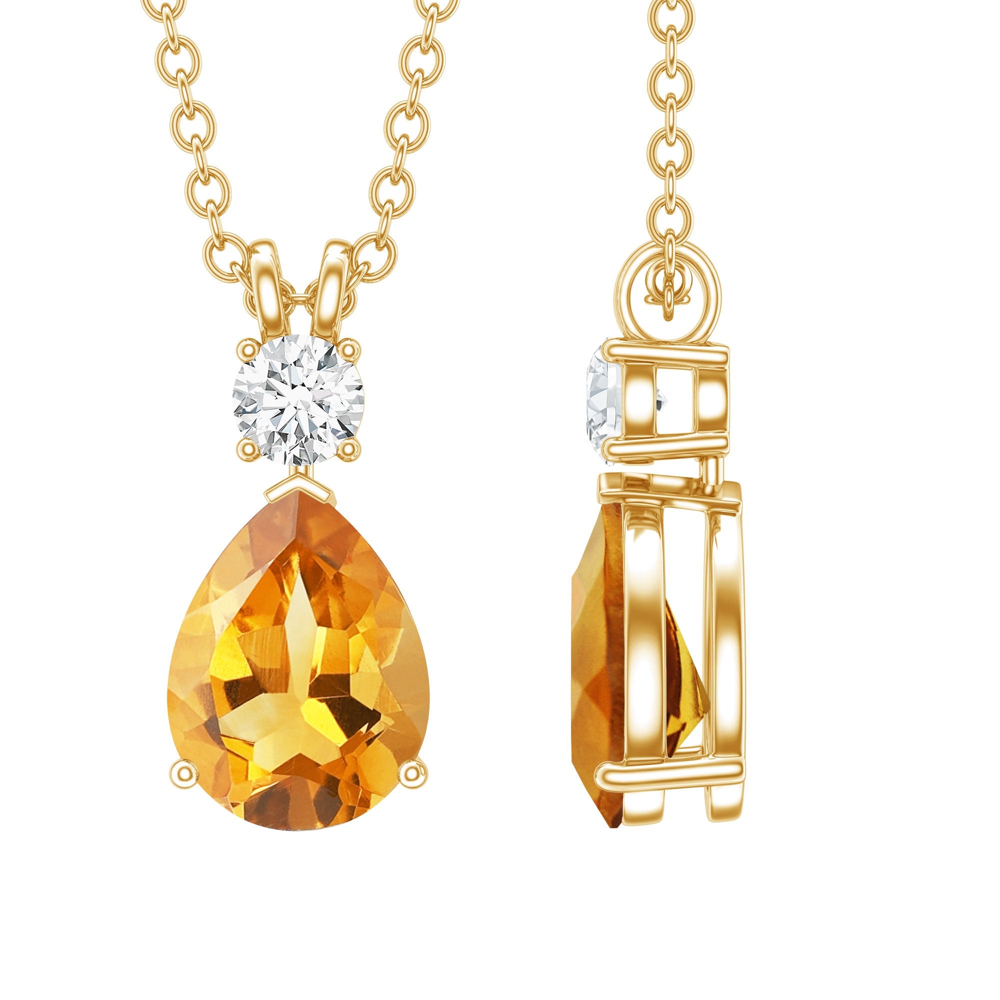 Citrine Teardrop Necklace – 1 Carat Pendant with Lab Grown Diamond & Prong Setting