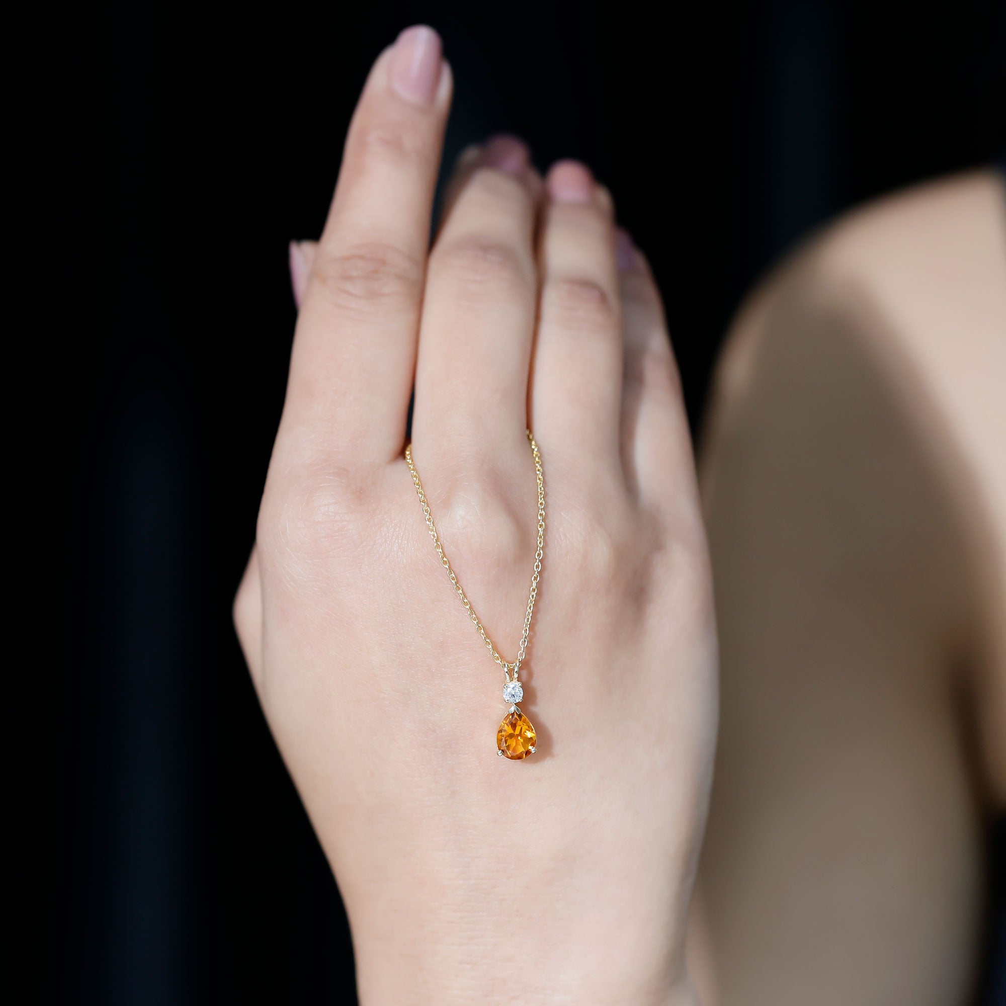 Citrine Teardrop Necklace – 1 Carat Pendant with Lab Grown Diamond & Prong Setting