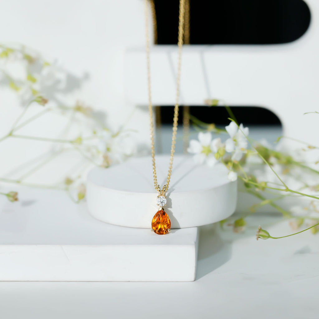 Citrine Teardrop Necklace – 1 Carat Pendant with Lab Grown Diamond & Prong Setting