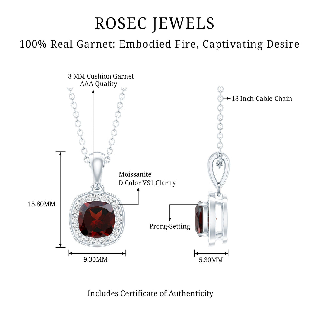 Garnet Halo Necklace – 3 Carat AAA Quality Cushion Cut Pendant Jewelry