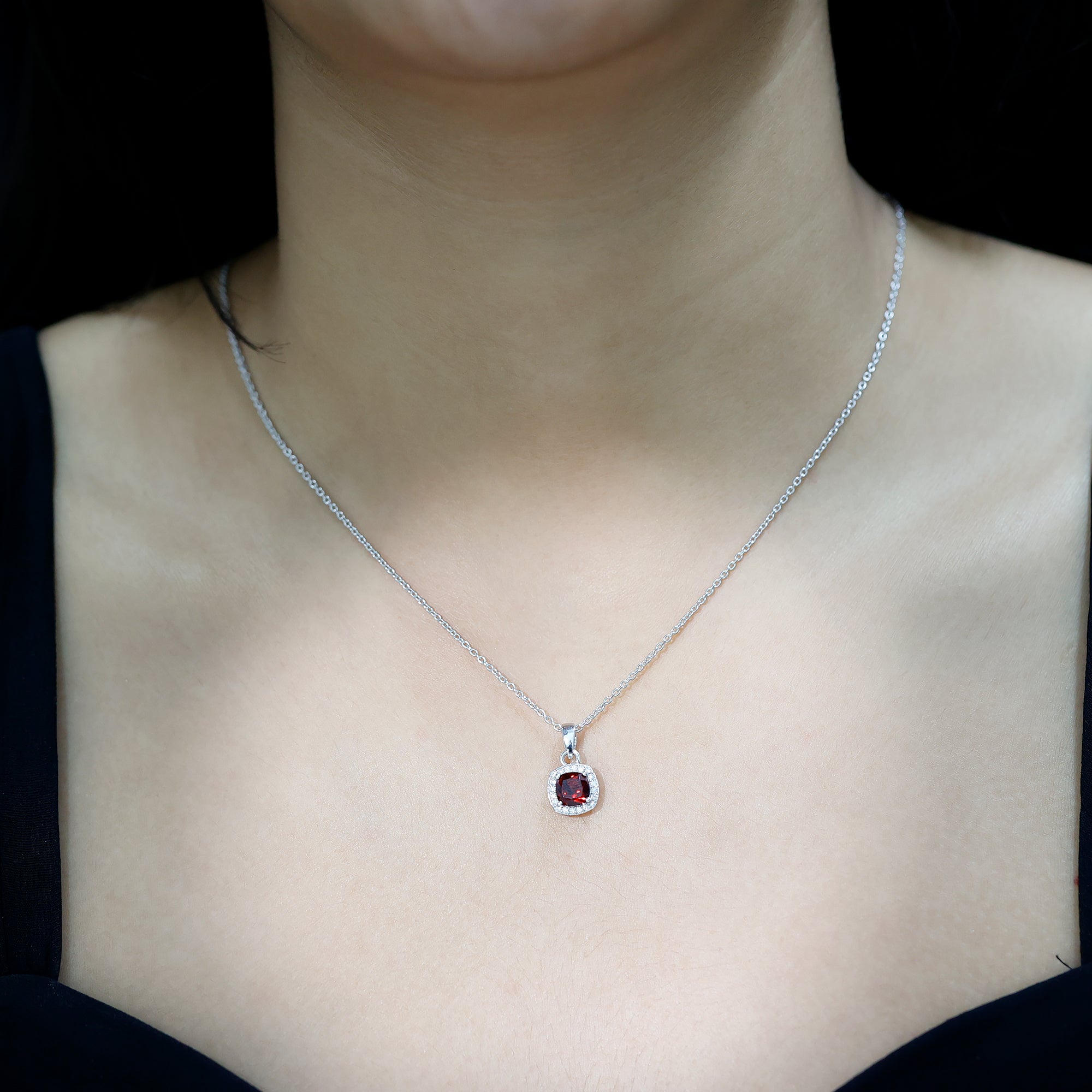 Garnet Halo Necklace – 3 Carat AAA Quality Cushion Cut Pendant Jewelry