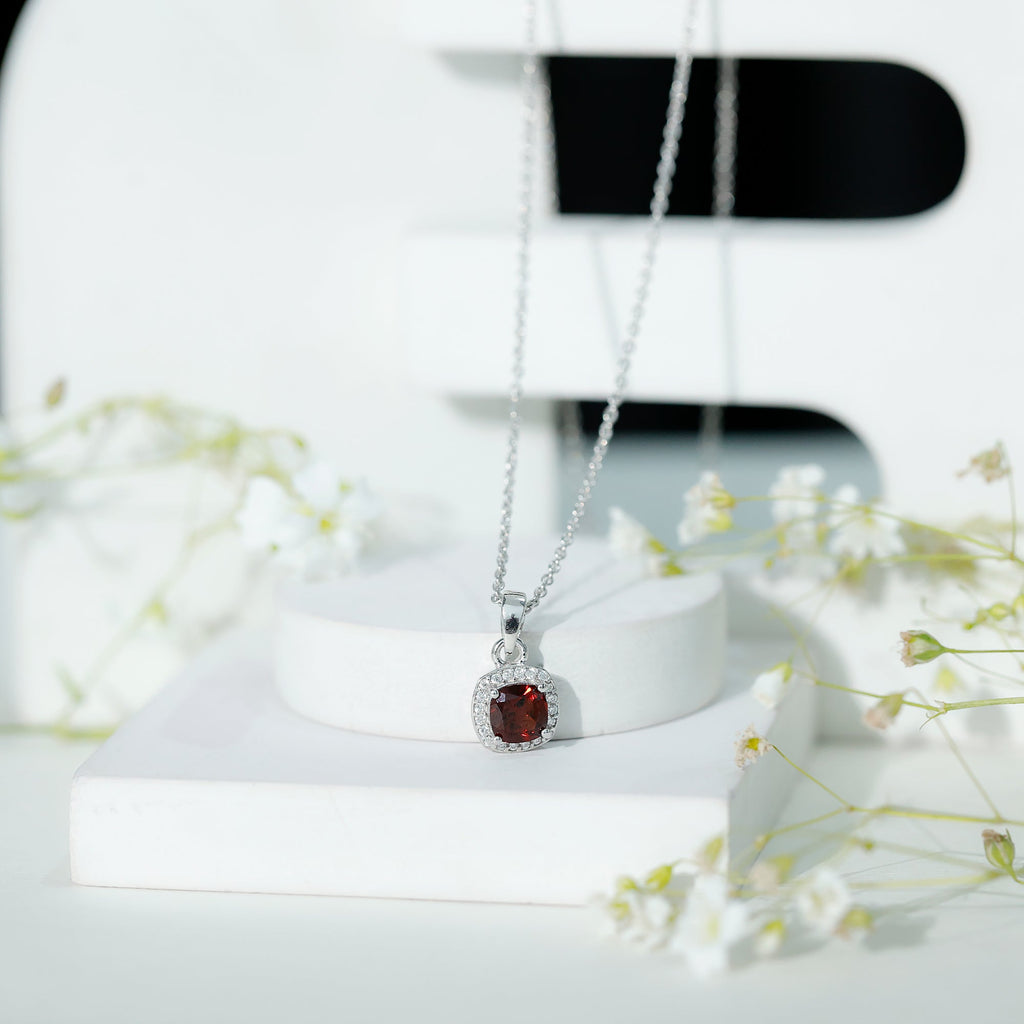 Garnet Halo Necklace – 3 Carat AAA Quality Cushion Cut Pendant Jewelry