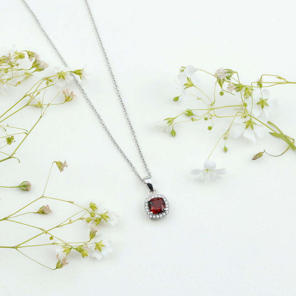 Garnet Halo Necklace – 3 Carat AAA Quality Cushion Cut Pendant Jewelry