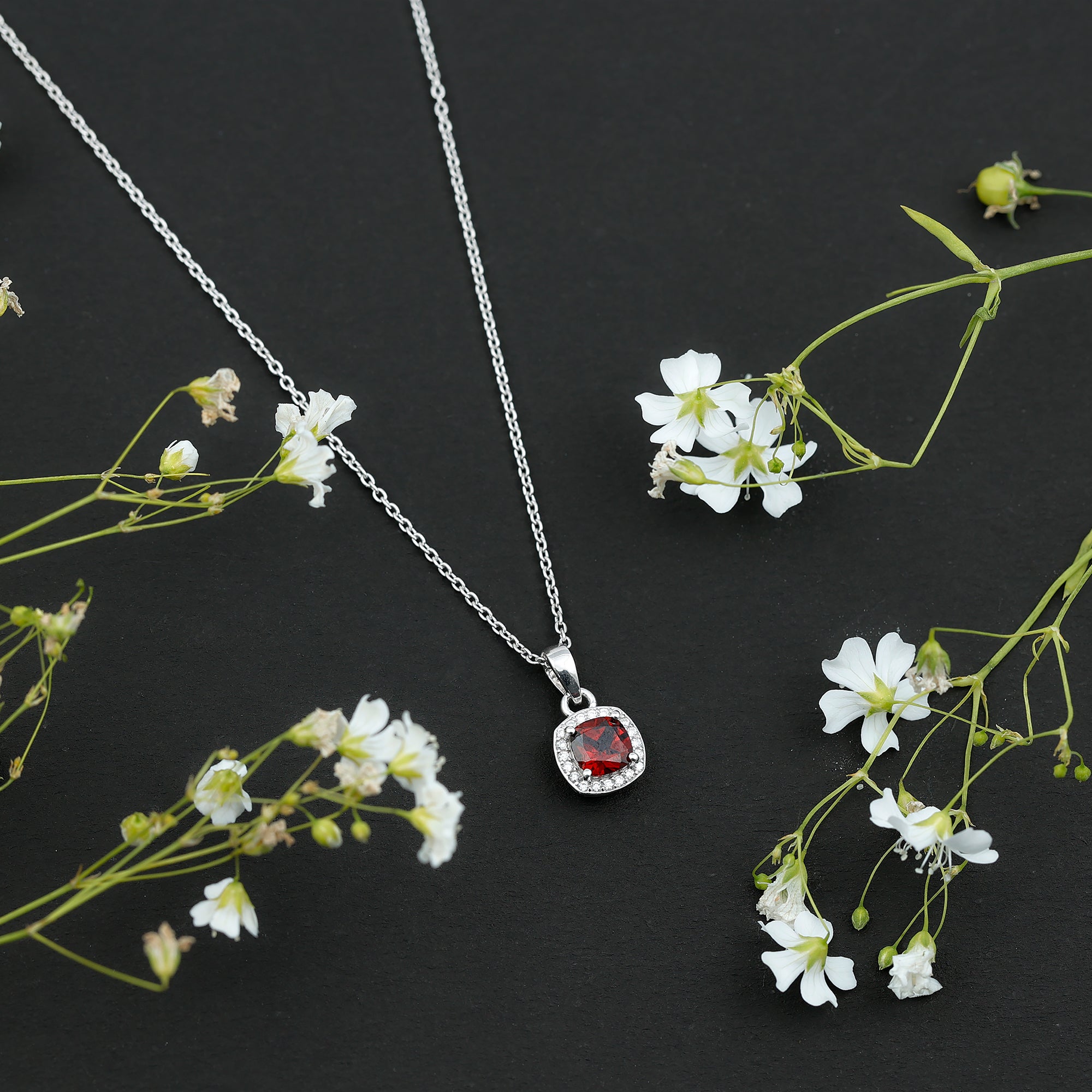 Garnet Halo Necklace – 3 Carat AAA Quality Cushion Cut Pendant Jewelry