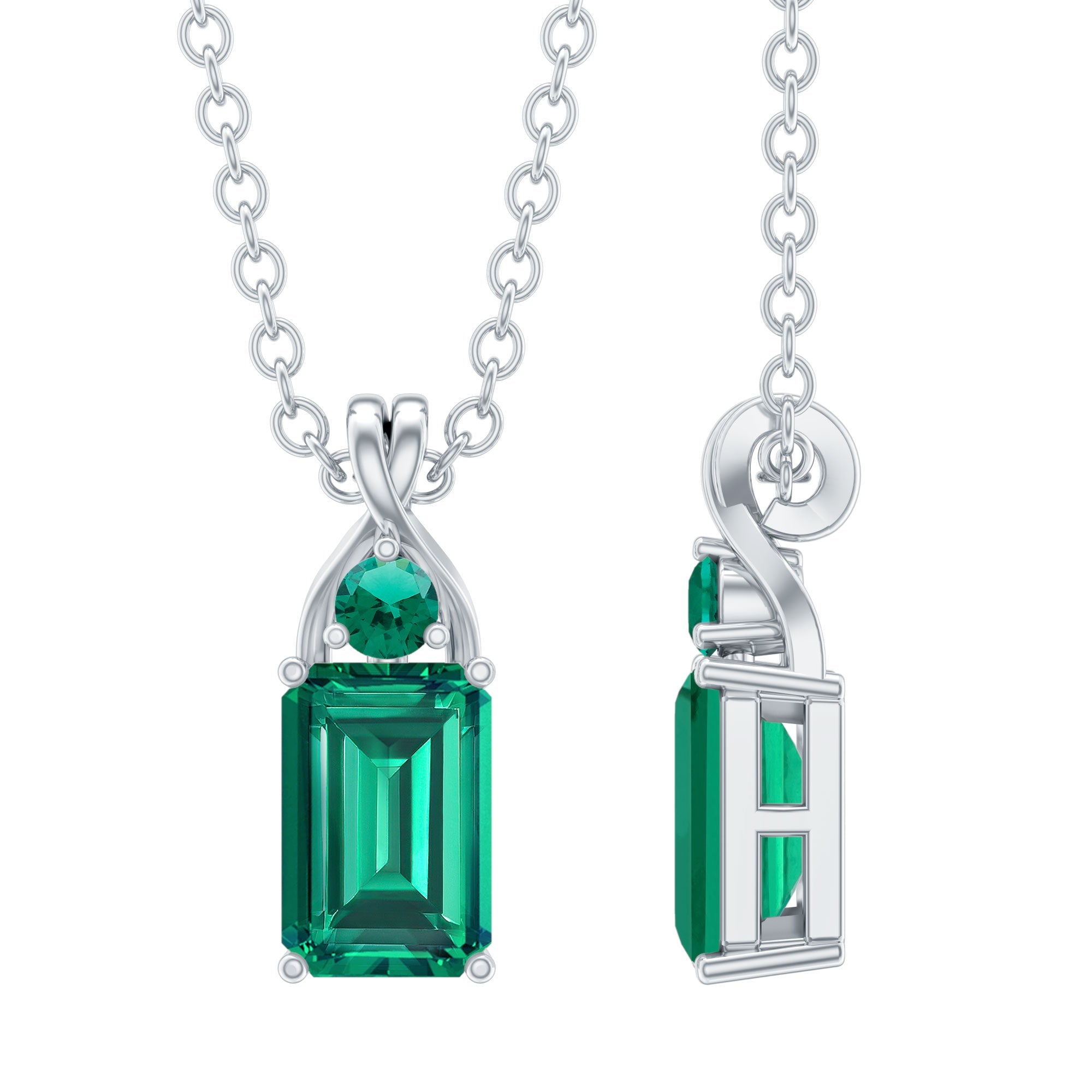 Lab Created Emerald Necklace – Emerald Cut Pendant With Prong Setting & Fine Cable Chain