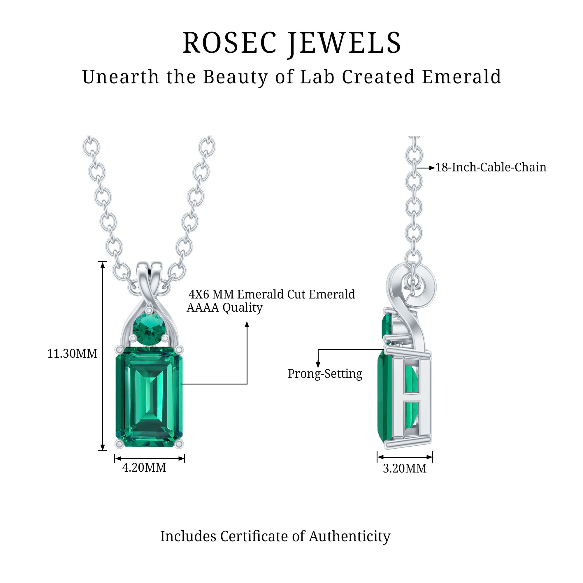 Lab Created Emerald Necklace – Emerald Cut Pendant With Prong Setting & Fine Cable Chain