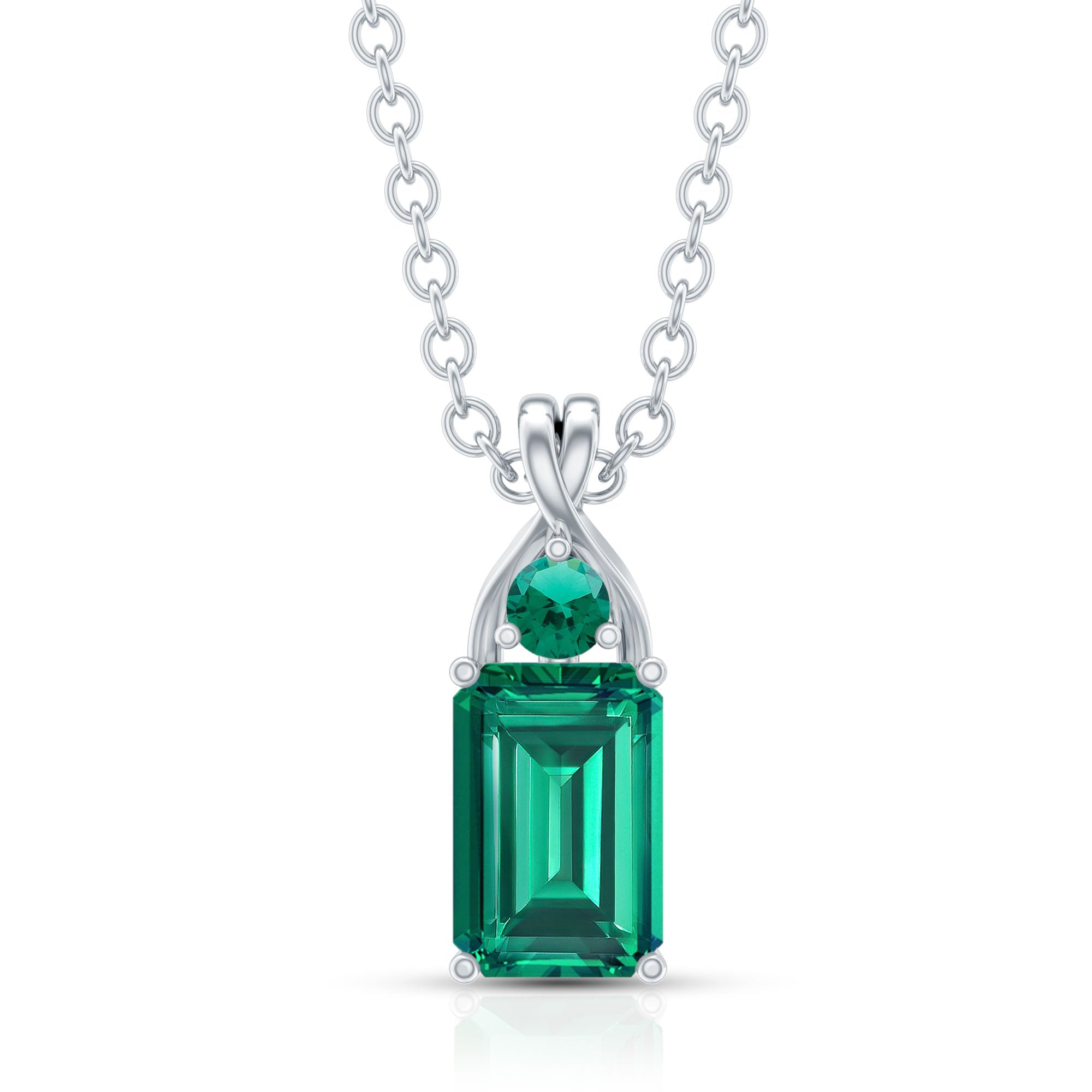 Lab Created Emerald Necklace – Emerald Cut Pendant With Prong Setting & Fine Cable Chain