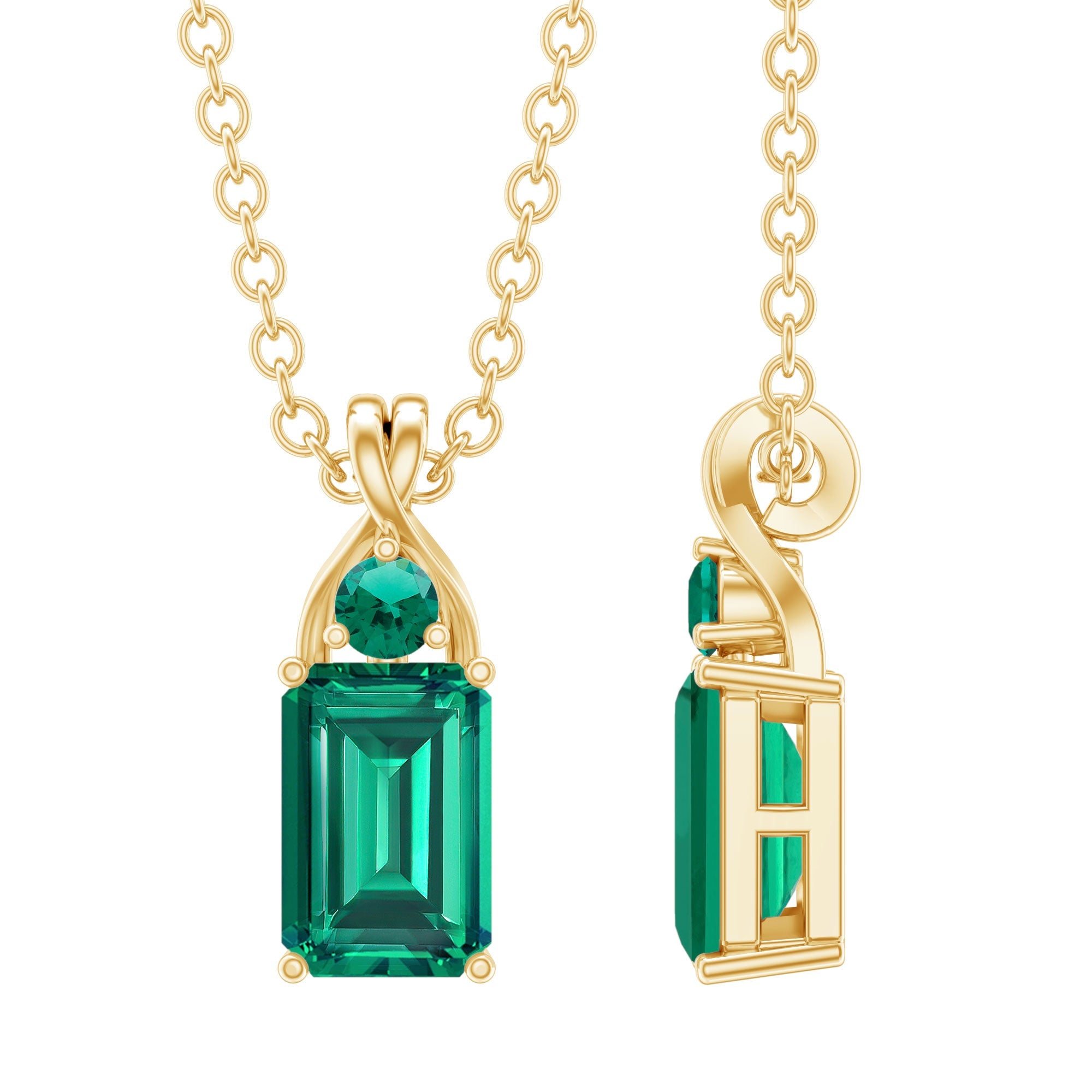 Lab Created Emerald Necklace – Emerald Cut Pendant With Prong Setting & Fine Cable Chain