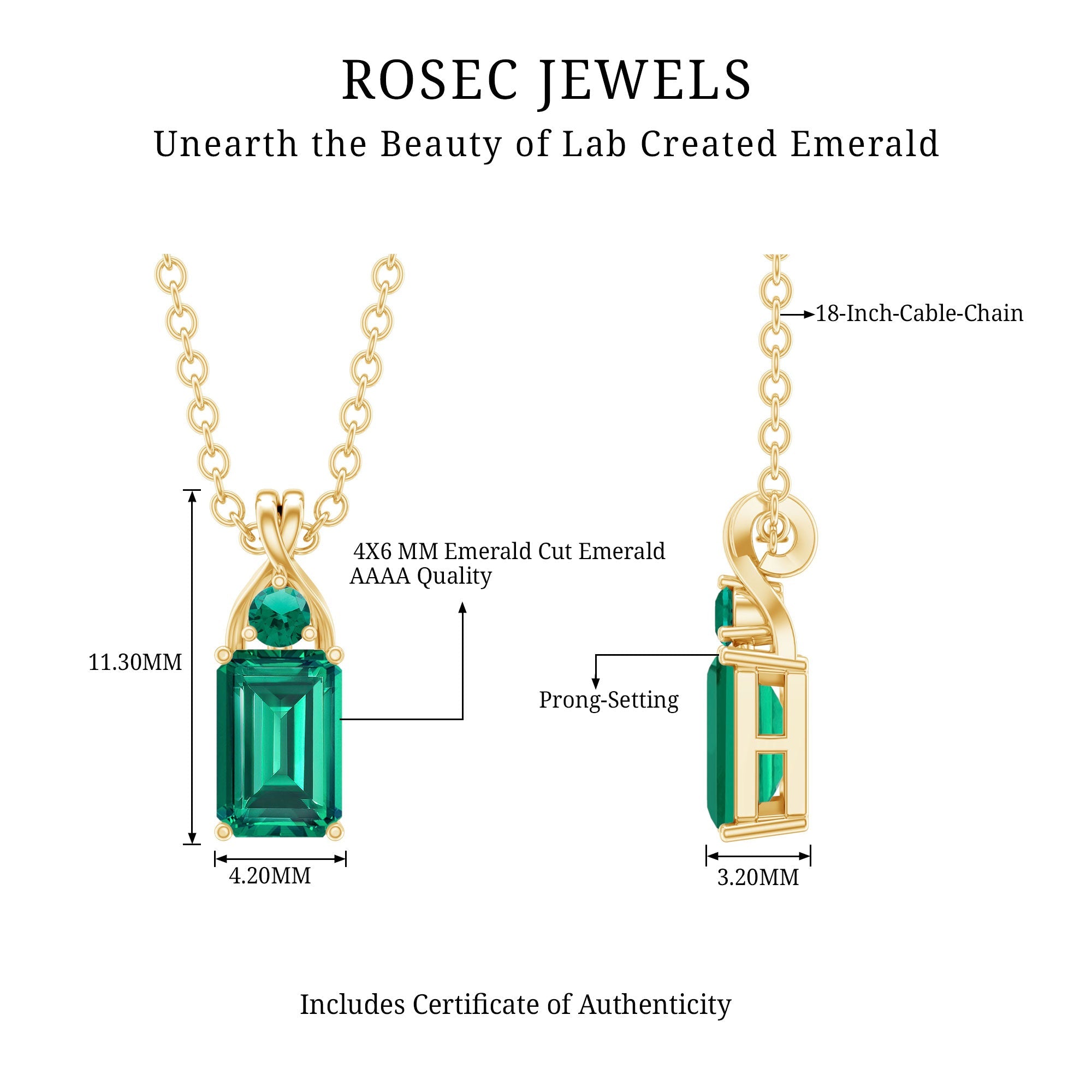 Lab Created Emerald Necklace – Emerald Cut Pendant With Prong Setting & Fine Cable Chain