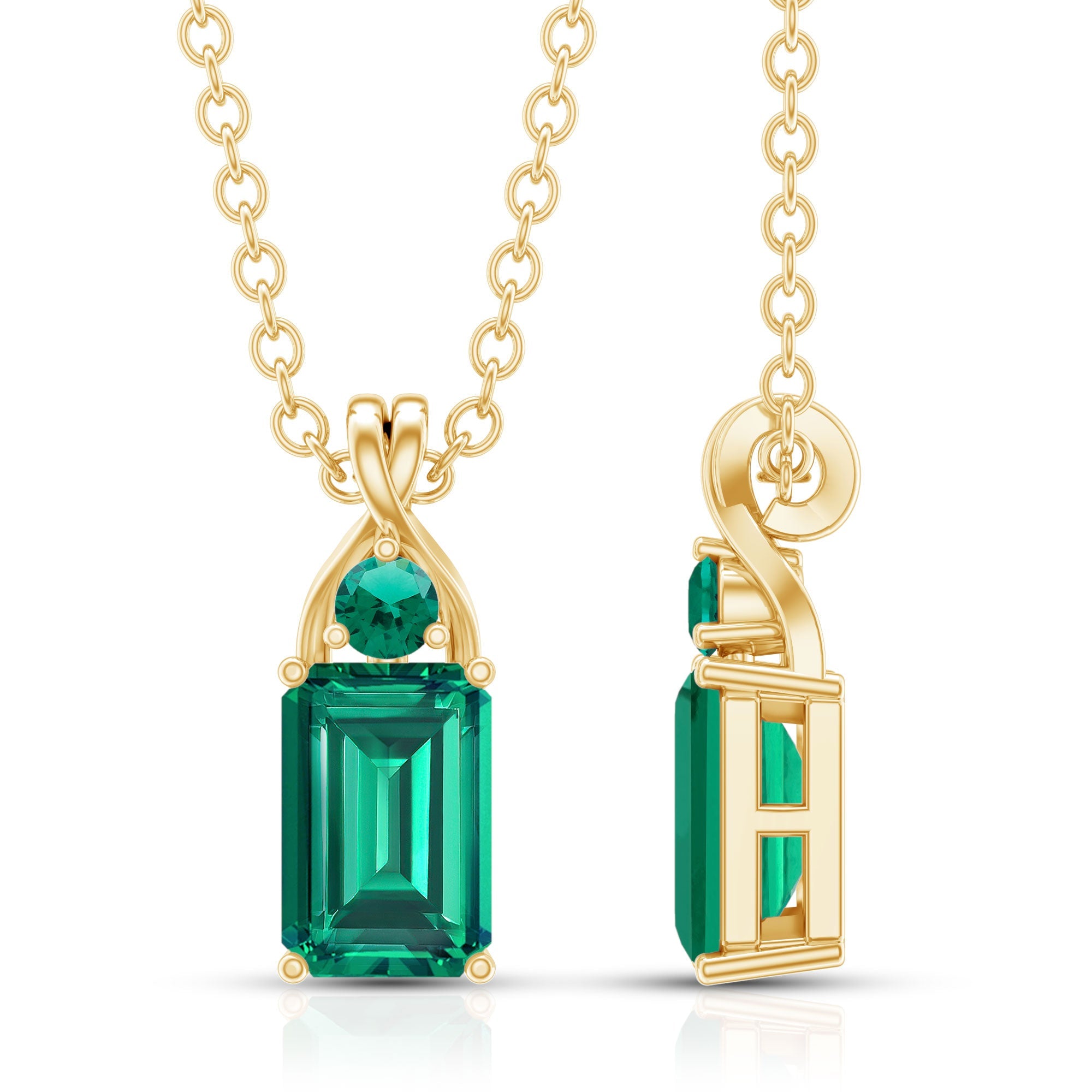 Lab Created Emerald Necklace – Emerald Cut Pendant With Prong Setting & Fine Cable Chain