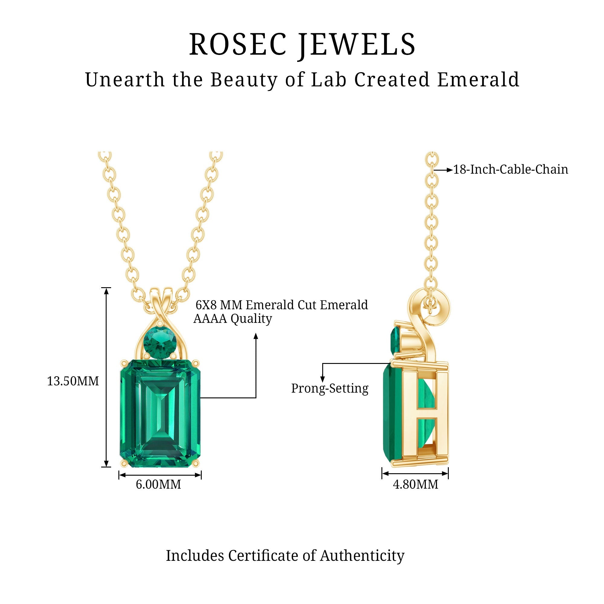 Lab Created Emerald Necklace – Solitaire Emerald Pendant, 1.68 Carat AAA Quality
