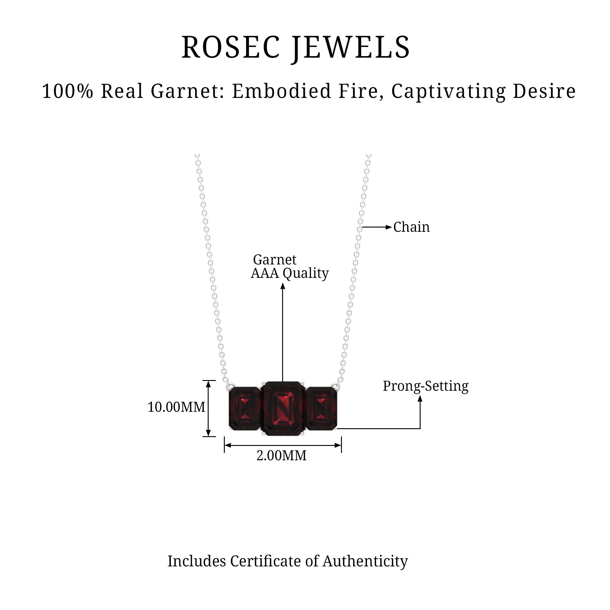 Garnet Three Stone Necklace – Emerald Cut Necklace with AAA Quality Gems