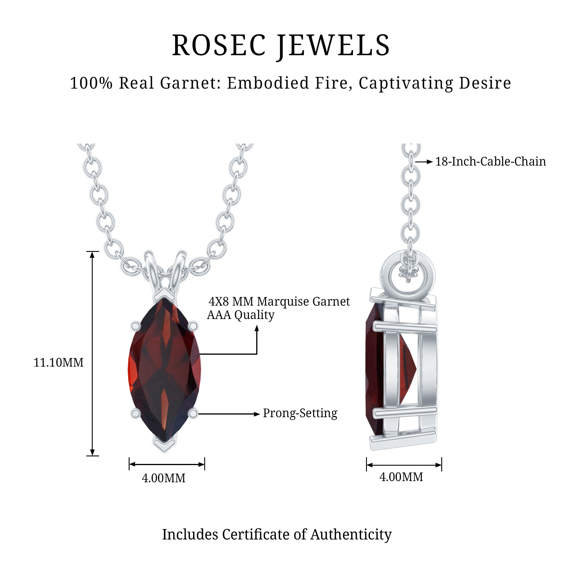 Garnet Marquise Necklace – 0.75 Carat Red Garnet Pendant in White Gold Silver