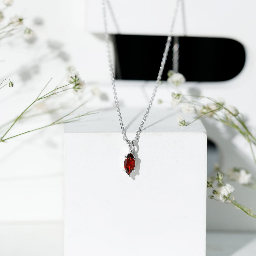 Garnet Marquise Necklace – 0.75 Carat Red Garnet Pendant in White Gold Silver