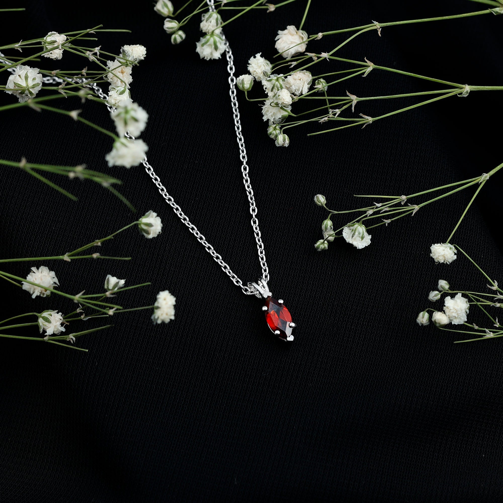 Garnet Marquise Necklace – 0.75 Carat Red Garnet Pendant in White Gold Silver