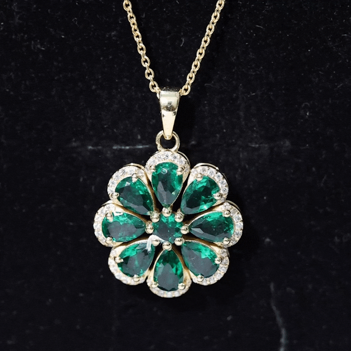 Lab Grown Emerald Necklace – Floral Pendant Chain with Moissanite Halo Sparkle