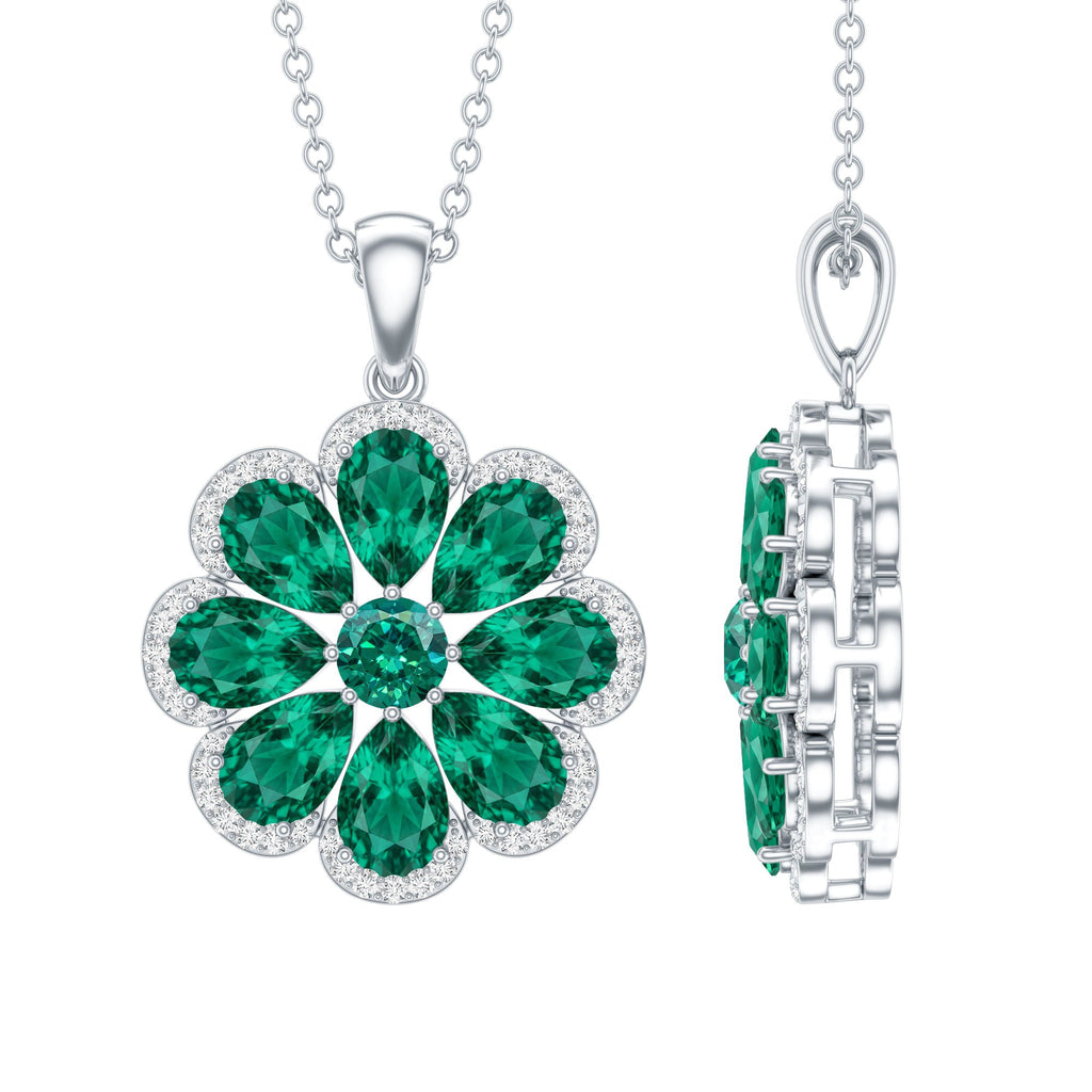 Lab Grown Emerald Necklace – Floral Pendant Chain with Moissanite Halo Sparkle