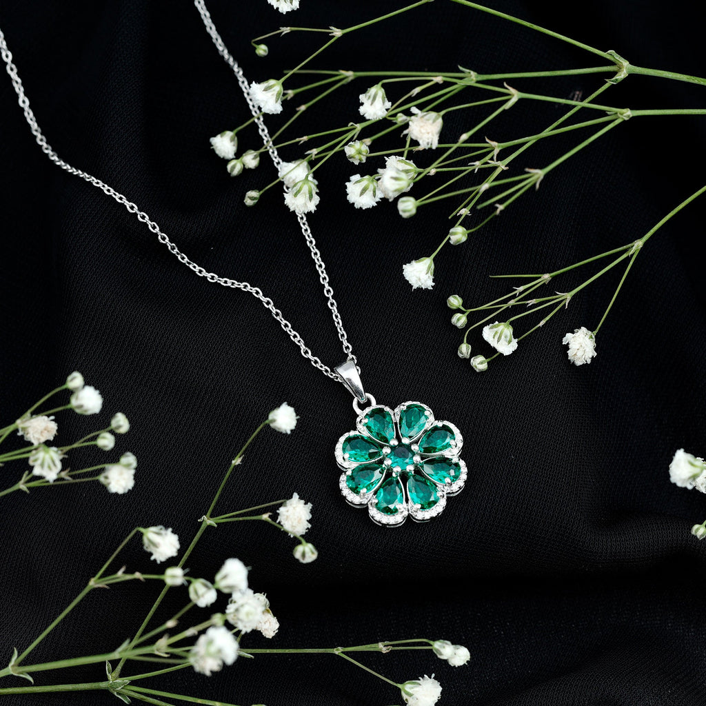 Lab Grown Emerald Necklace – Floral Pendant Chain with Moissanite Halo Sparkle