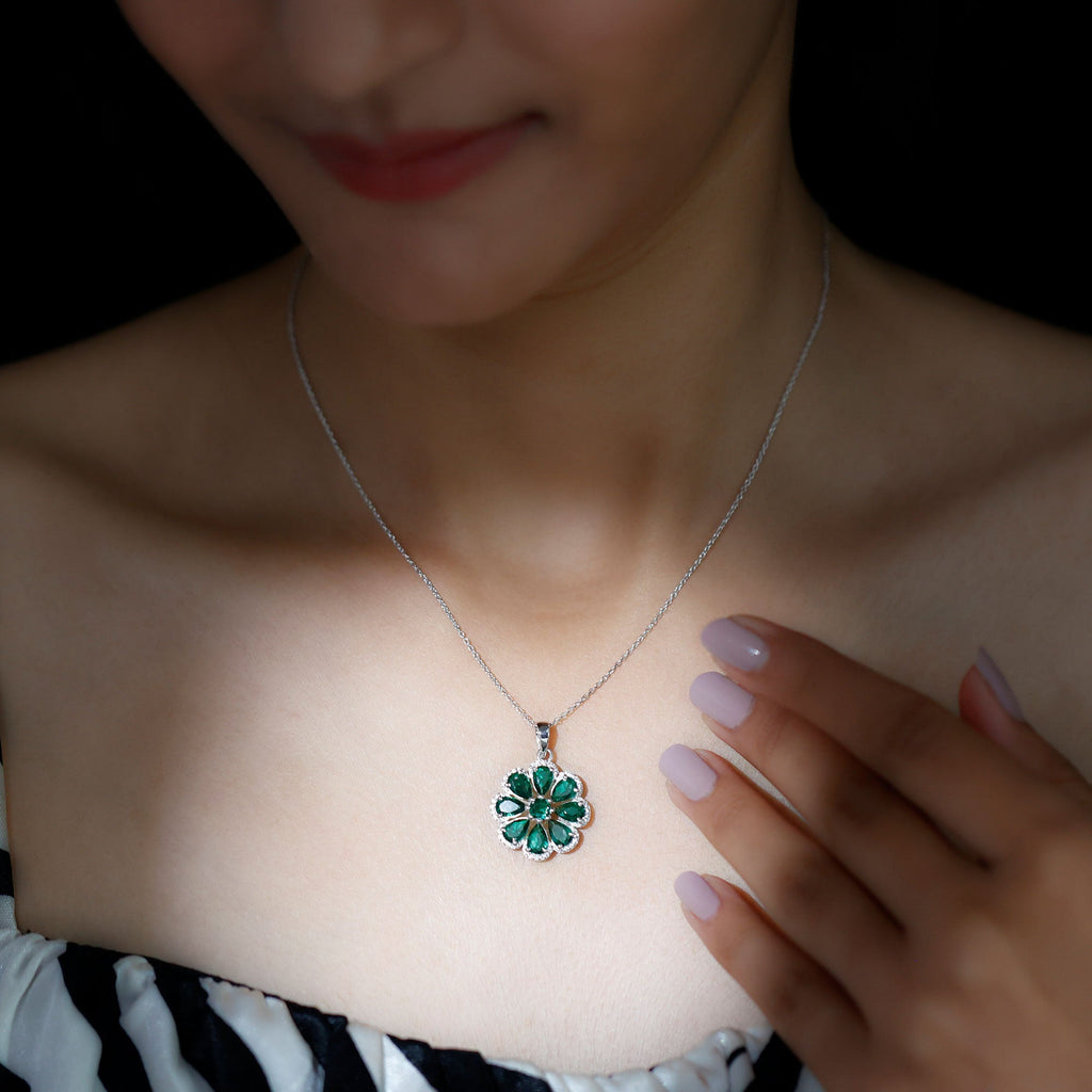 Lab Grown Emerald Necklace – Floral Pendant Chain with Moissanite Halo Sparkle