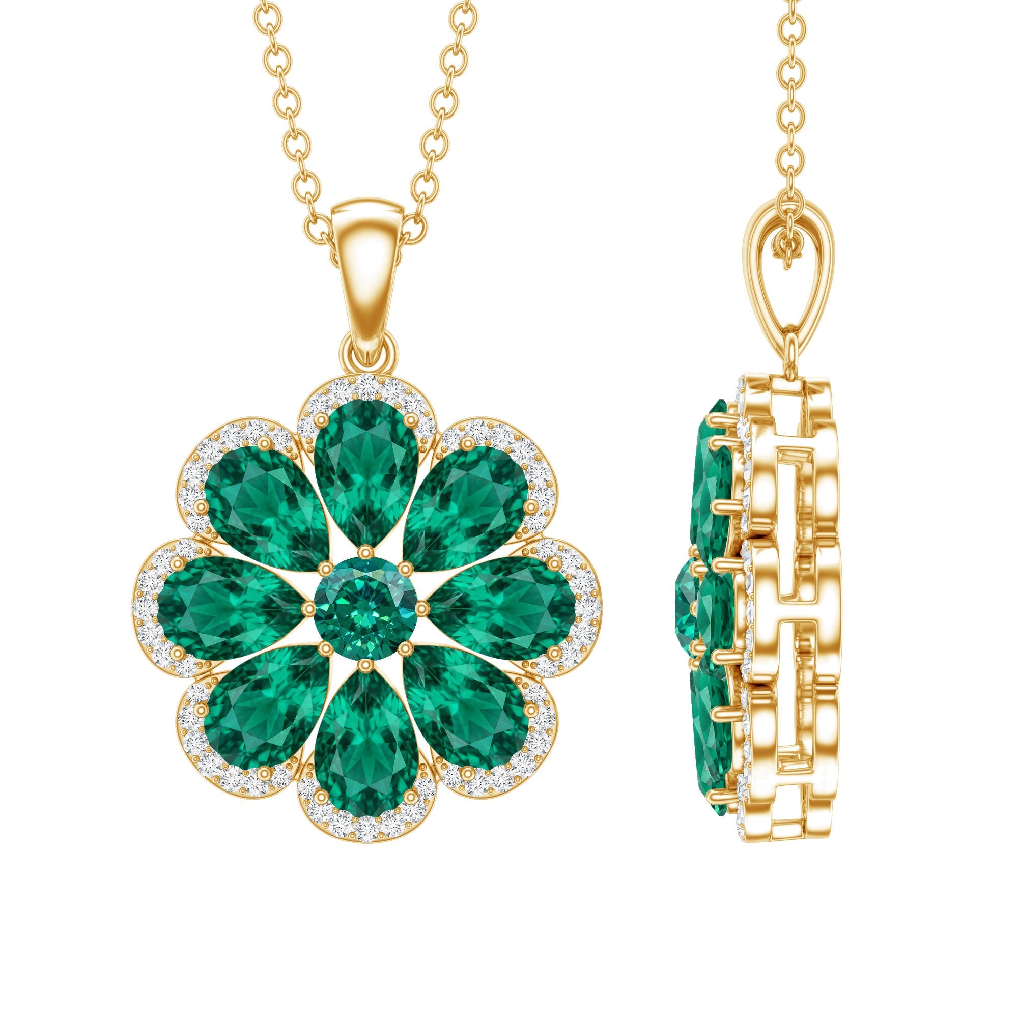 Lab Grown Emerald Necklace – Floral Pendant Chain with Moissanite Halo Sparkle