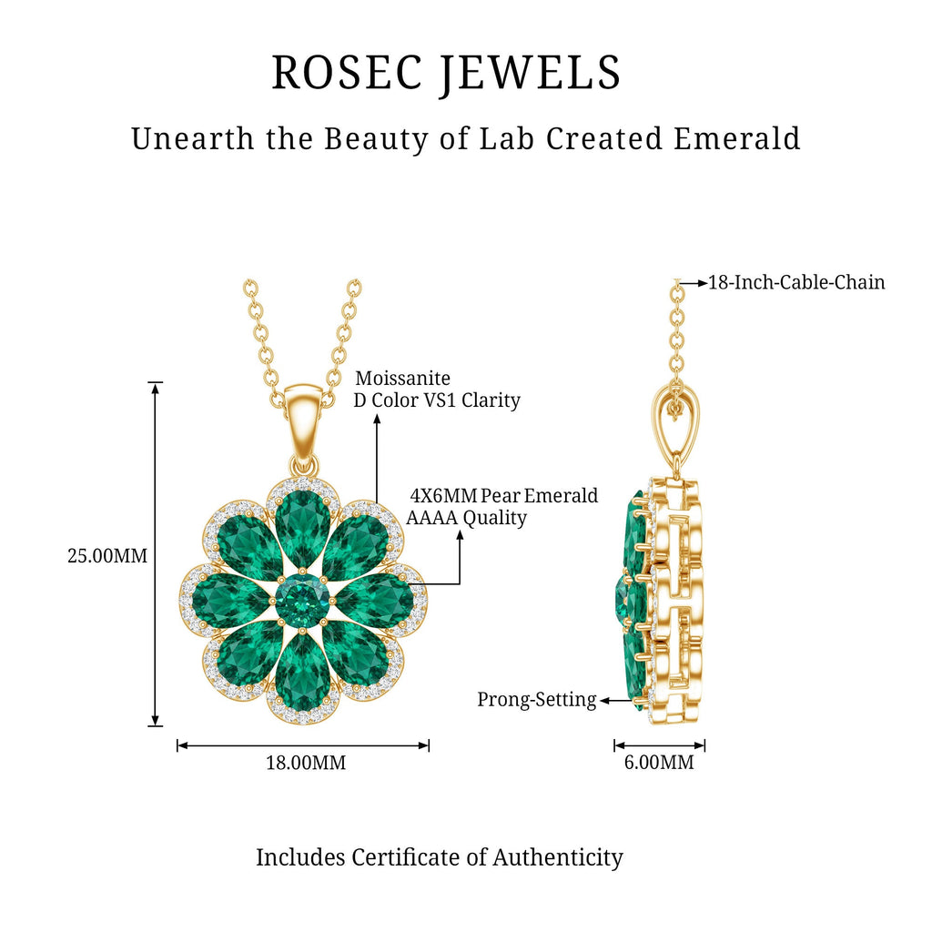 Lab Grown Emerald Necklace – Floral Pendant Chain with Moissanite Halo Sparkle