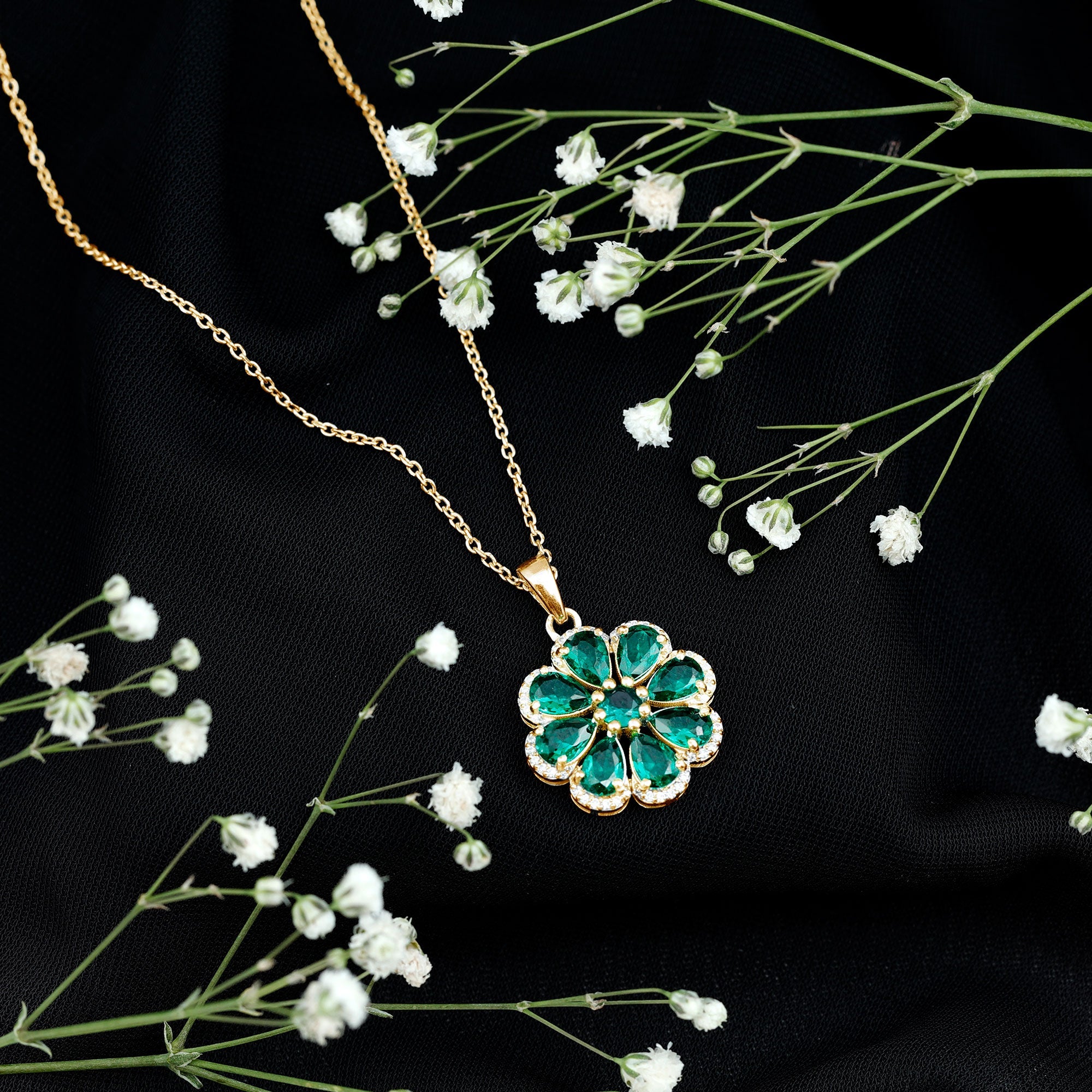 Lab Grown Emerald Necklace – Floral Pendant Chain with Moissanite Halo Sparkle
