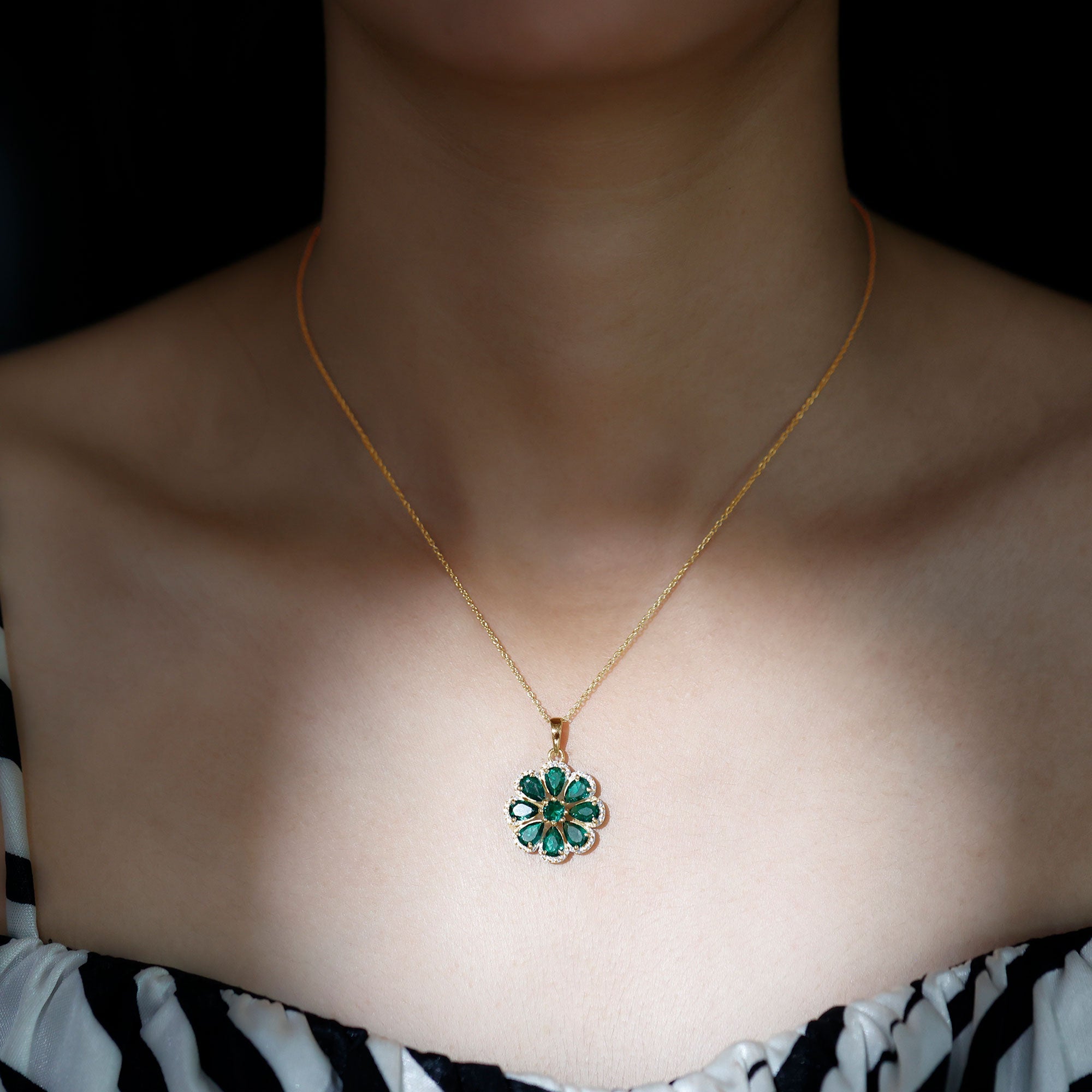 Lab Grown Emerald Necklace – Floral Pendant Chain with Moissanite Halo Sparkle