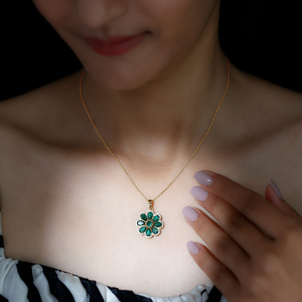Lab Grown Emerald Necklace – Floral Pendant Chain with Moissanite Halo Sparkle