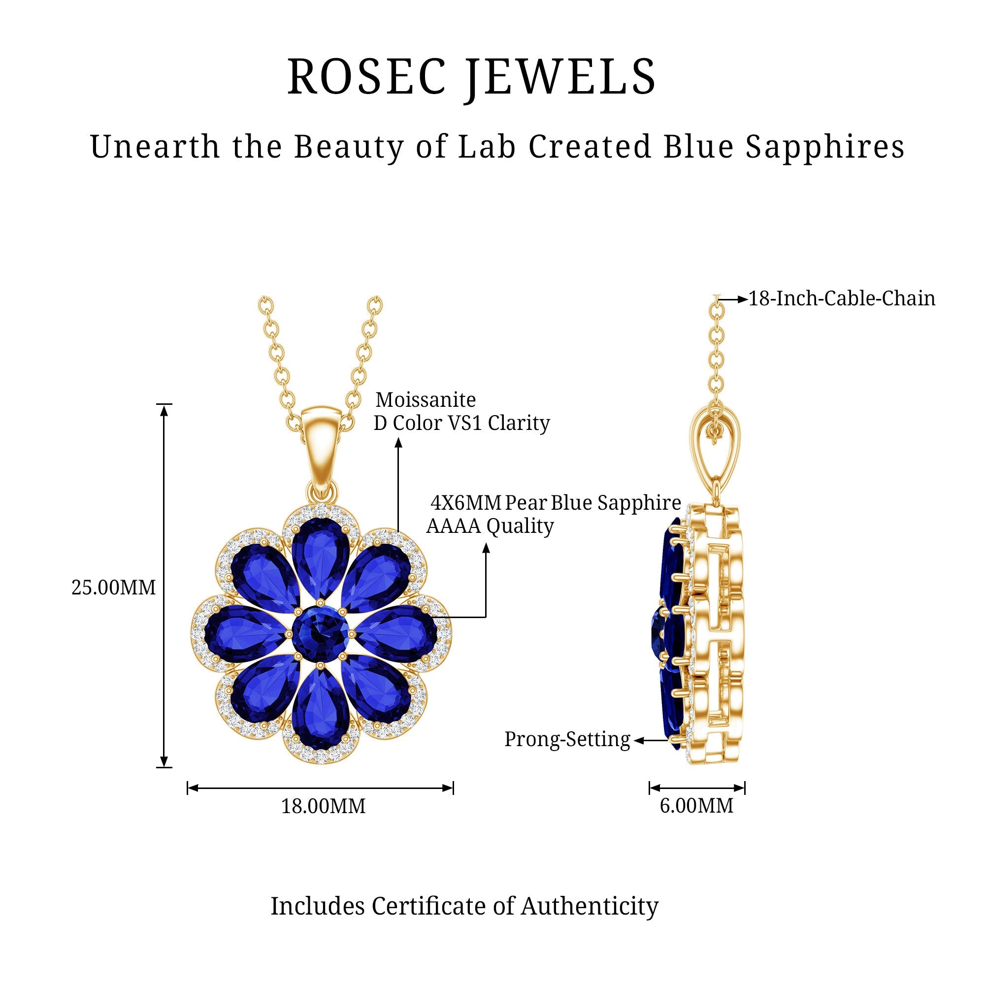 Lab Created Blue Sapphire Flower Necklace with Moissanite Halo