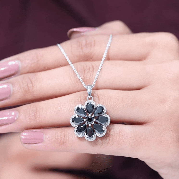 Black Spinel Necklace – Elegant Flower Pendant with Moissanite Halo & Pear Shaped Spinel