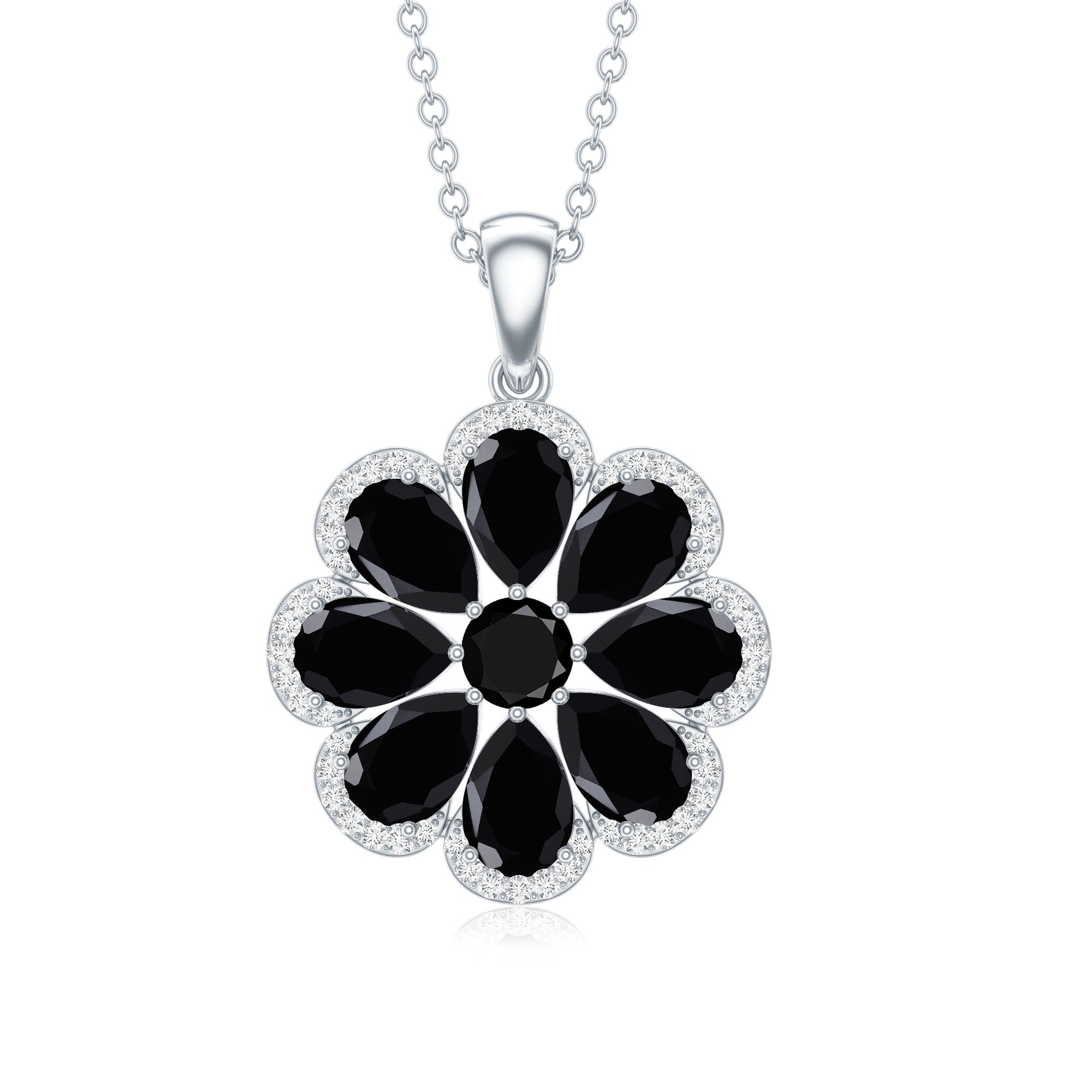 Black Spinel Necklace – Elegant Flower Pendant with Moissanite Halo & Pear Shaped Spinel