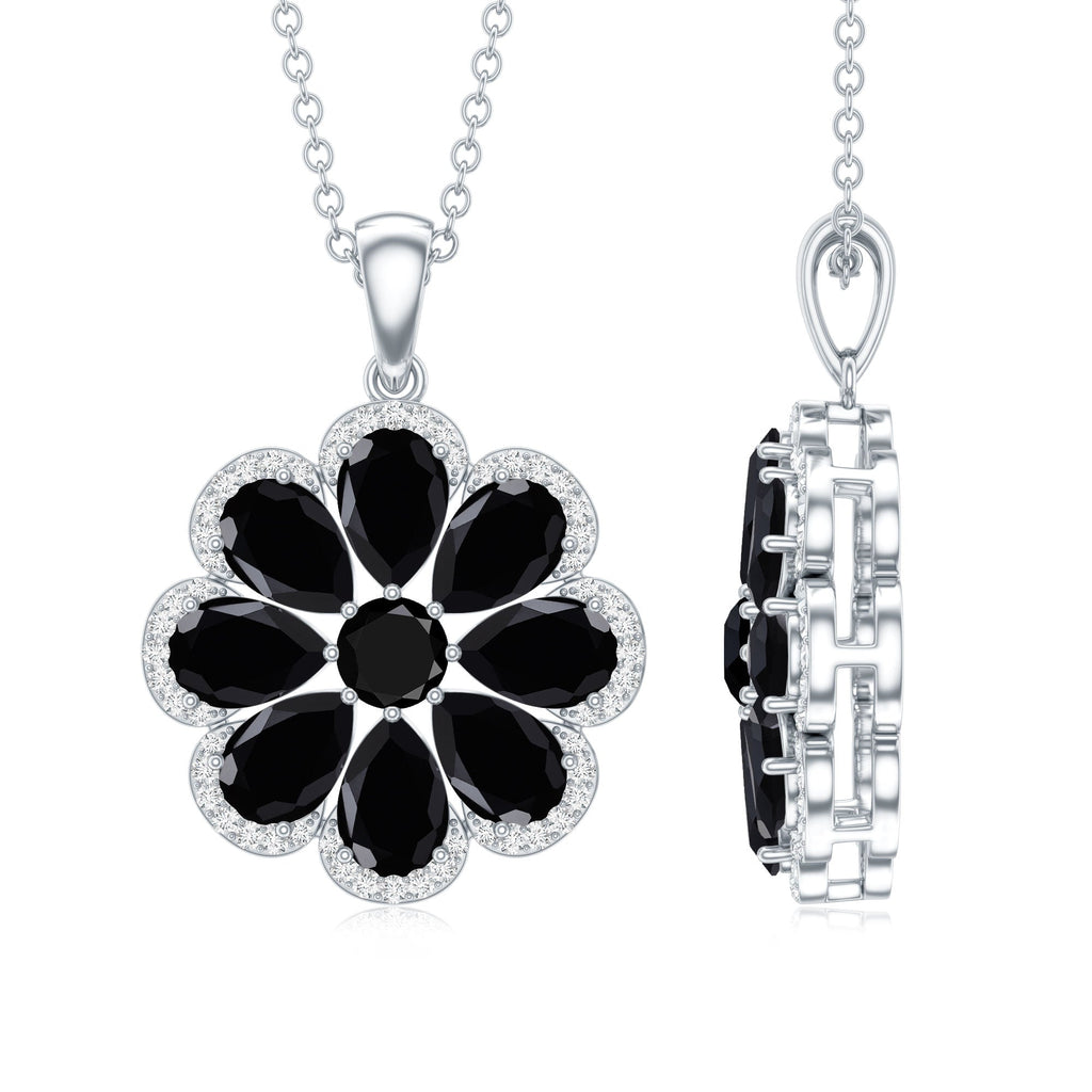 Black Spinel Necklace – Elegant Flower Pendant with Moissanite Halo & Pear Shaped Spinel
