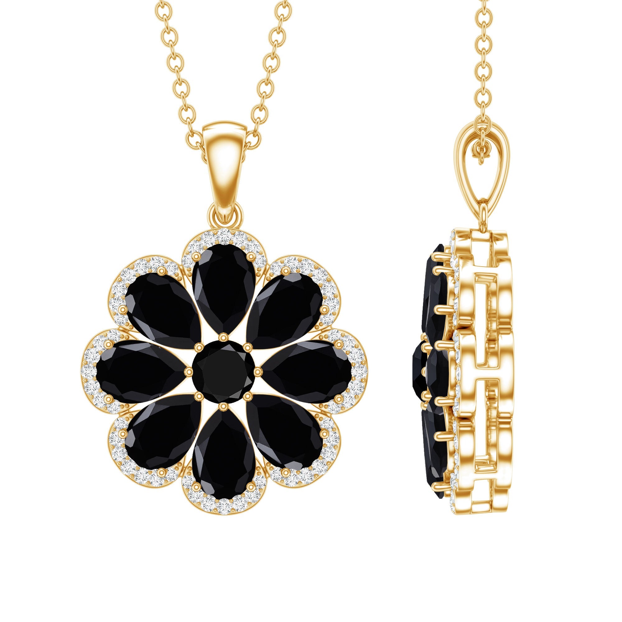 Black Spinel Necklace – Elegant Flower Pendant with Moissanite Halo & Pear Shaped Spinel