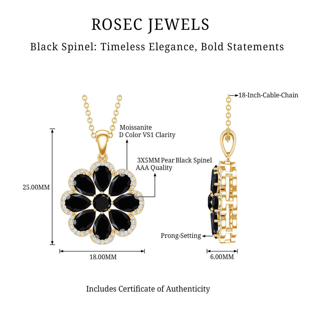 Black Spinel Necklace – Elegant Flower Pendant with Moissanite Halo & Pear Shaped Spinel