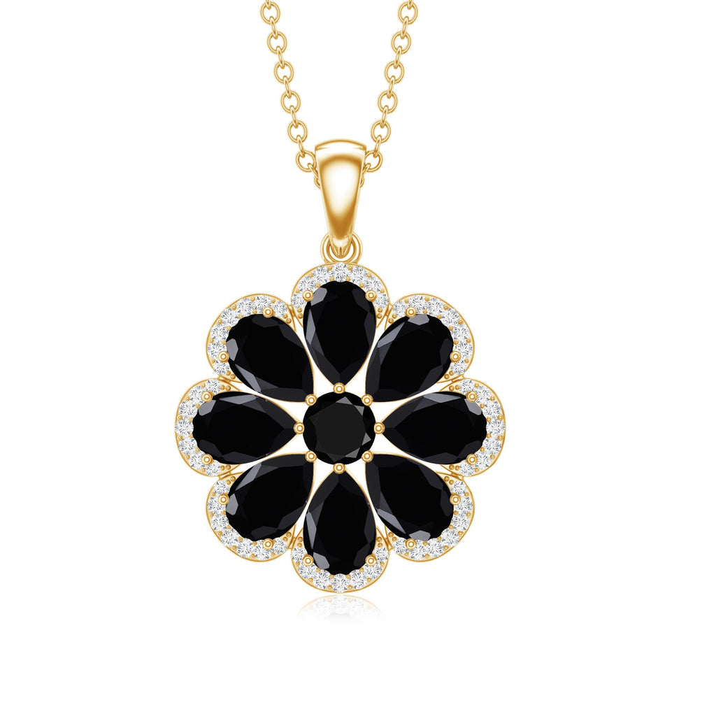 Black Spinel Necklace – Elegant Flower Pendant with Moissanite Halo & Pear Shaped Spinel