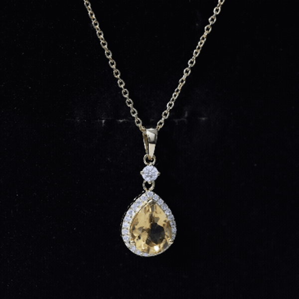 Citrine Pendant Necklace – 2 Carat Pear Shaped Yellow Gold Necklace with Diamond Halo